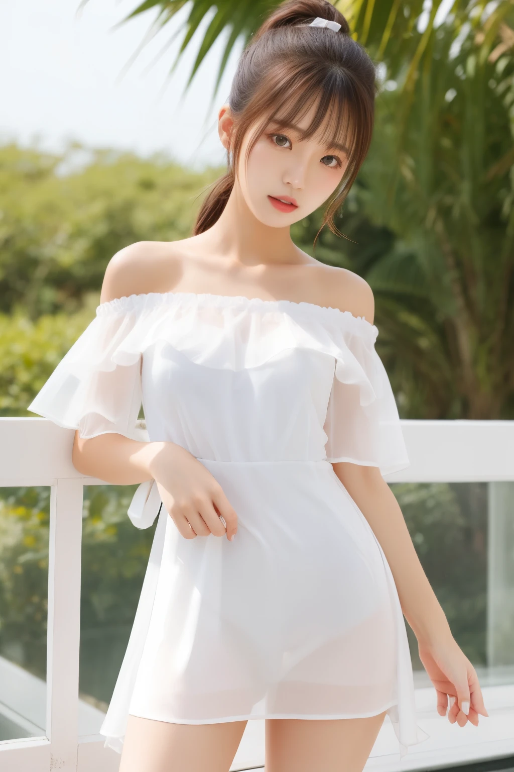 (((Hands on the side of the body)))、(15-year-old girl)、(White tank top、Micro hort sleeve)、Are standing、(((((Flower Hair Ornaments、Blossoming Park、Bare legs、Thighs、