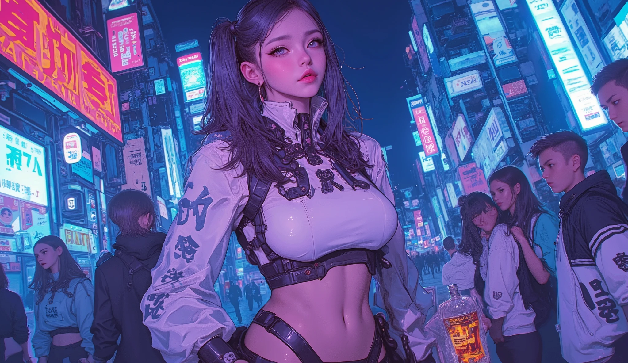 Cyberpunk girl, policeman, armed with a firearm, black hair, exposed chest, with delicate skin --auto --s2