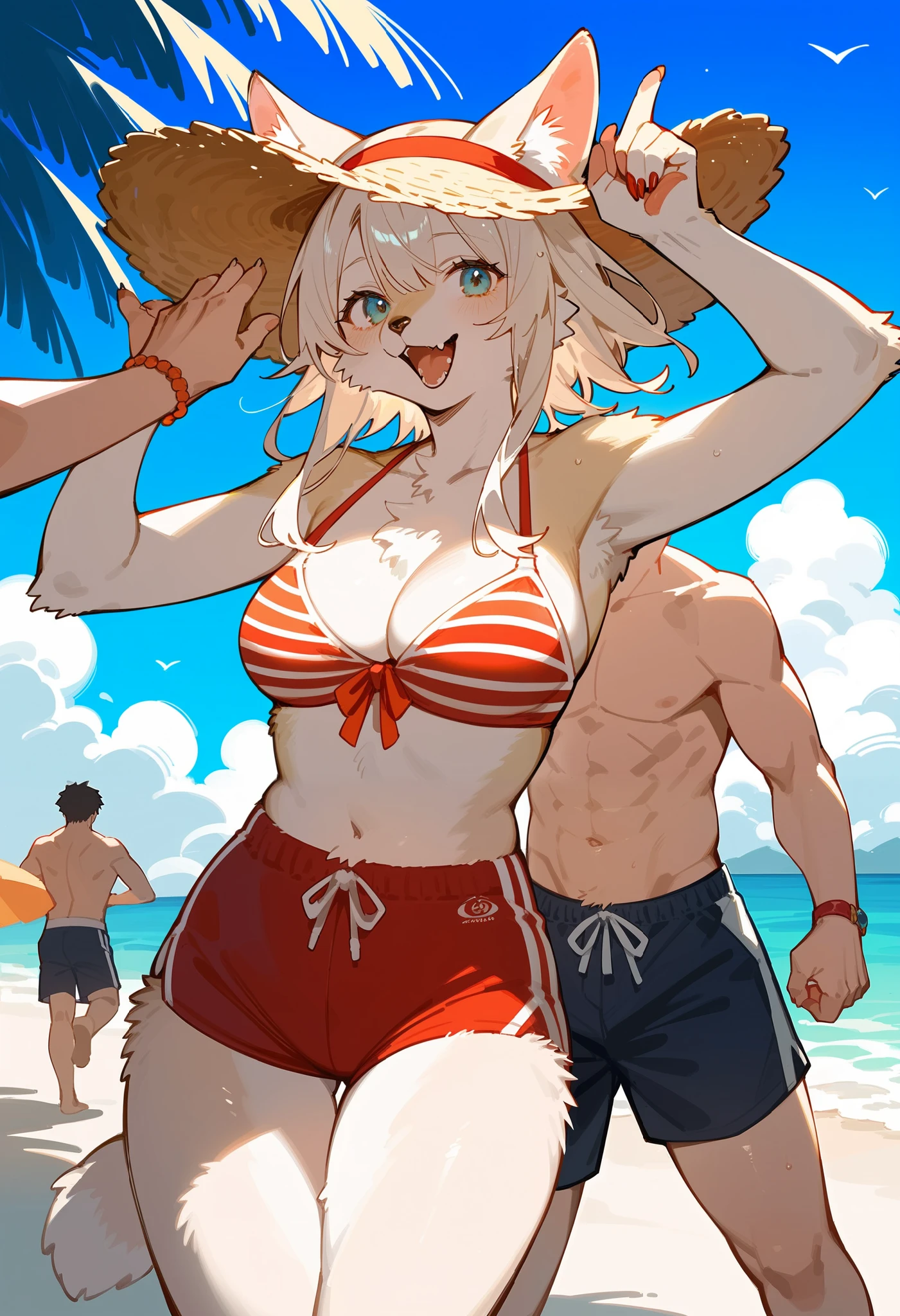 Big Breasts、Girl in white micro bikini with erect nippleicro bikini with a clear slit、barefoot、blue sky and sandy beach、Boy in swimsuit with erection、Three boys fondling a girl's breasts