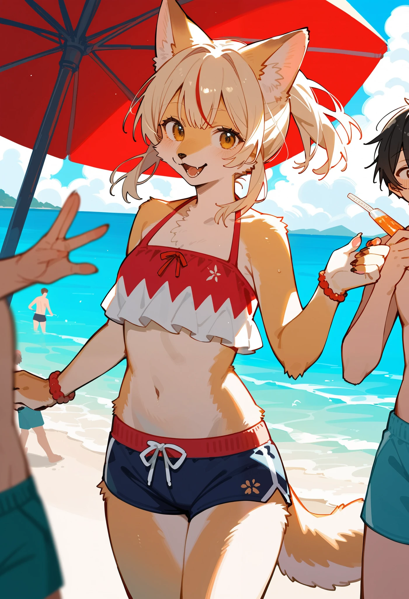 tideland、Covered in mud、Tiny white bikini、Only one nipple is visible、Thighs、Butt、Dynamic Angle、Seaside、Sandy Beach、Girl、Girl、Younger、Baby Face、flat chest、forehead、Embarrassed、Sun hat、sunlight、Both eyes open