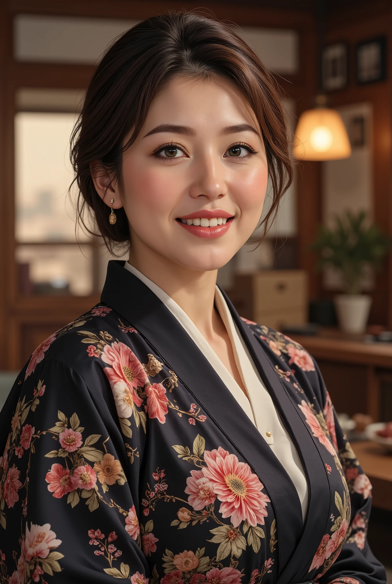 best quality, masterpiece, super high resolution, beautiful Japanese mature woman, Kind Face, green eyes, kind smile, Curvy Body, big boobs, updo brown hair, Japanese female Cloth Outfit, Japanese kimono, In Old Japanese-style Room, night:1.2,