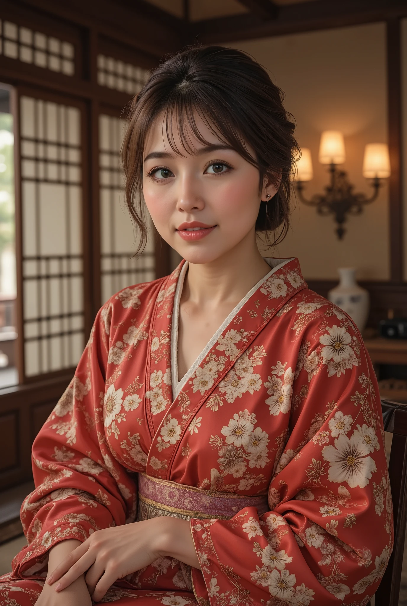 best quality, masterpiece, super high resolution, beautiful Japanese mature woman, Kind Face, green eyes, kind smile, Curvy Body, big boobs, updo brown hair, Japanese female Cloth Outfit, Japanese kimono, In Old Japanese-style Room, night:1.2,