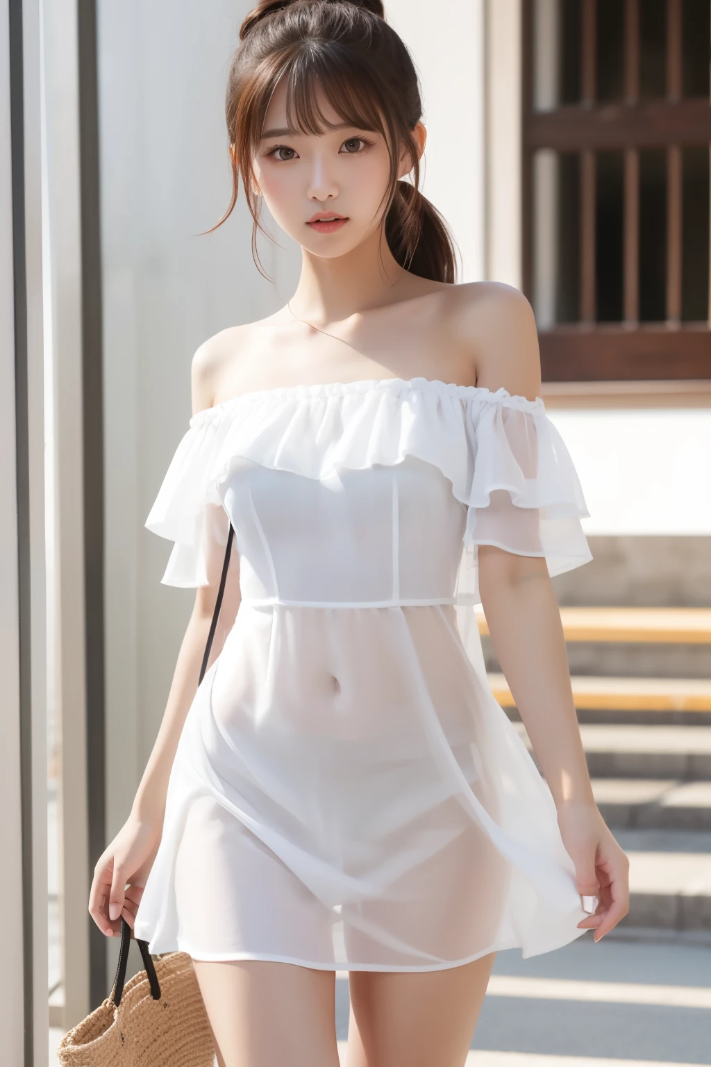 (8k, foto crua, melhor qualidade, obra de arte:1.2), (realista, photo-realista:1.37), professional lighting, photon mapping, radiosidade, Boneca coreana, parque, white summer dress, bikini under clothes