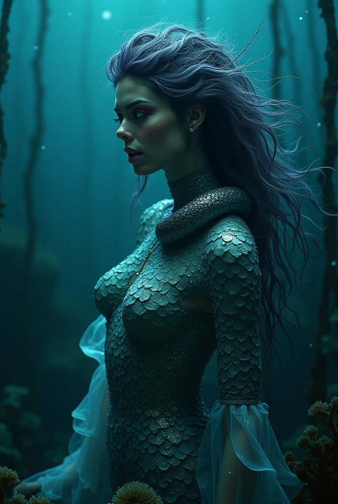 ((Best Quality)), ((masterpiece)), (detailed),ursula from disney movie, but dark, in the form of a mermaid in the sea