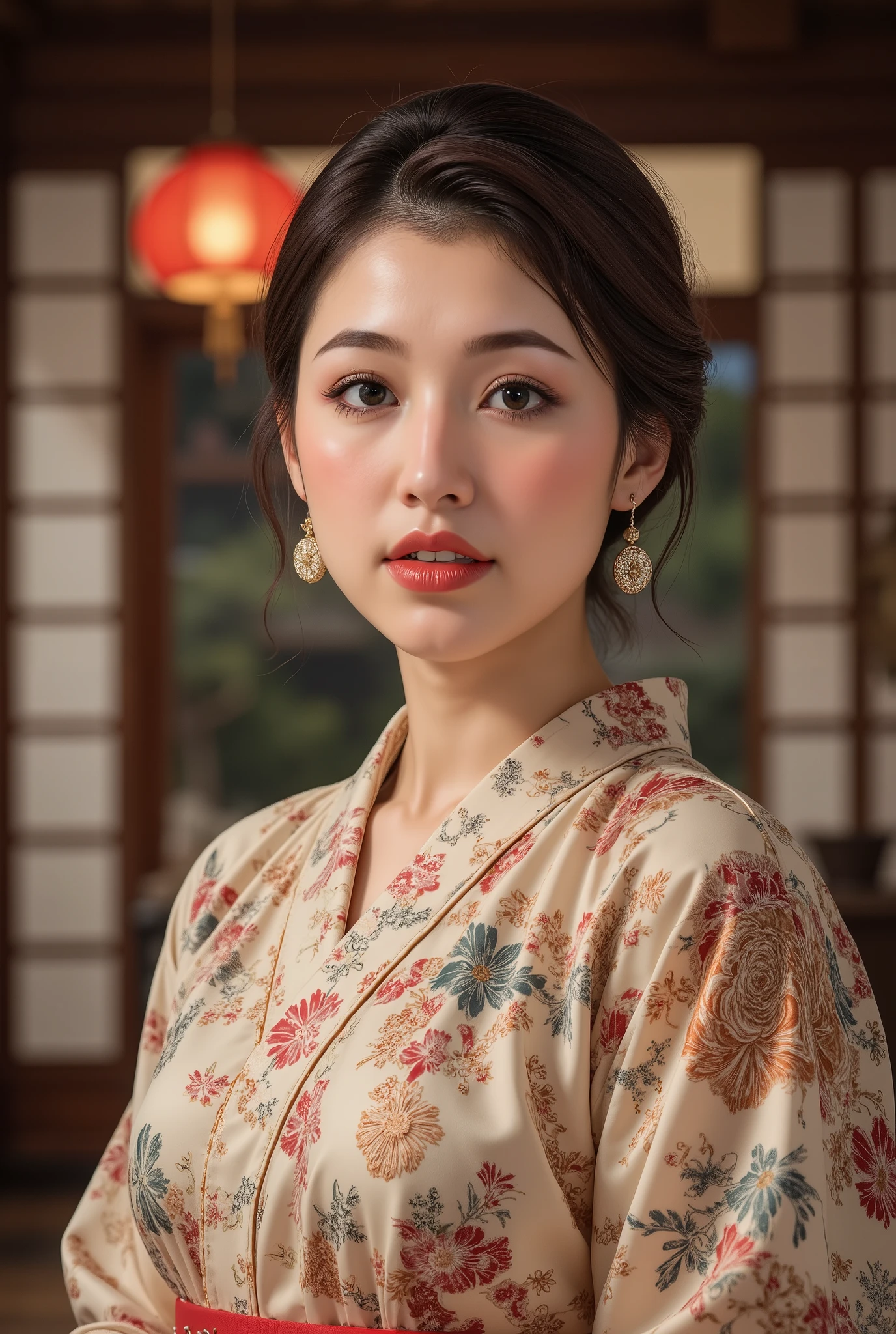 best quality, masterpiece, super high resolution, beautiful Japanese mature woman, Kind Face, green eyes, kind smile, Curvy Body, big boobs, updo brown hair, Japanese female Cloth Outfit, Japanese kimono, In Old Japanese-style Room, night:1.2,