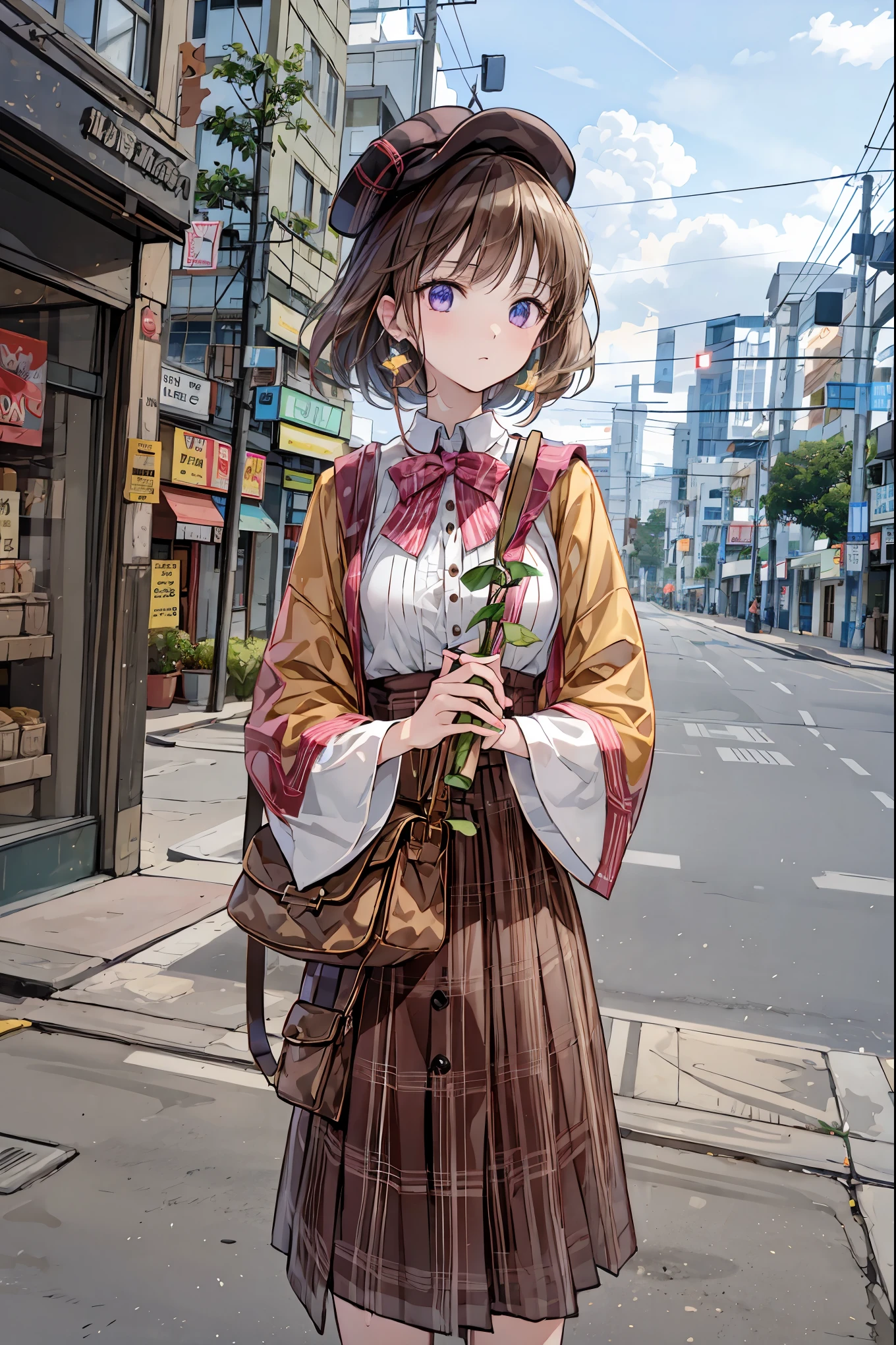Anime girl in a brown dress and hat holding a flower - SeaArt AI