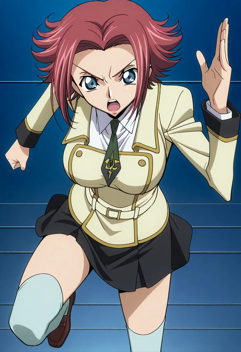 Code Geass, Karen Kouzuki, One girl,. Red Hair, uniform,Ashford Academy , Yellow Jacket, Long sleeve, Green tie, Black Skirt, Pencil Skirt, mini skirt,Short Hair