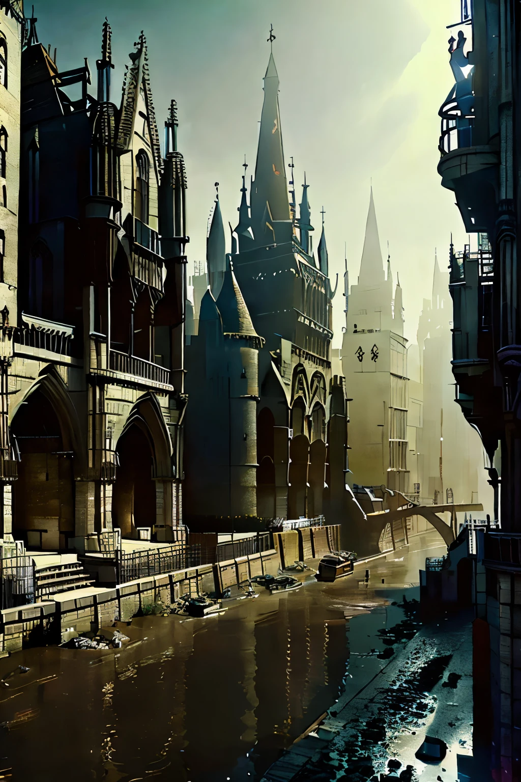 ((best quality)), ((masterpiece)), extremely detailed, delicate texture, aesthetic gothic collection, general term for (gothic architecture, art, fashion, literature, thought, style, and culture), cityscape, background heretical and mysterious light that illuminates the darkness, gothichorrorai, ((gothic architecture)), (a street level view of a dense slum like residential district of a gothic city), (the dark underbelly of the city), ((a mixture of rickety wood building structures and an older more permanent stone city foundation)), ((wooden walkways criss-cross above)), (the buildings rise up out of view), (the street before us is extemely narrow with a trickle of water and sewage runnoff flowing down the centre of the street)