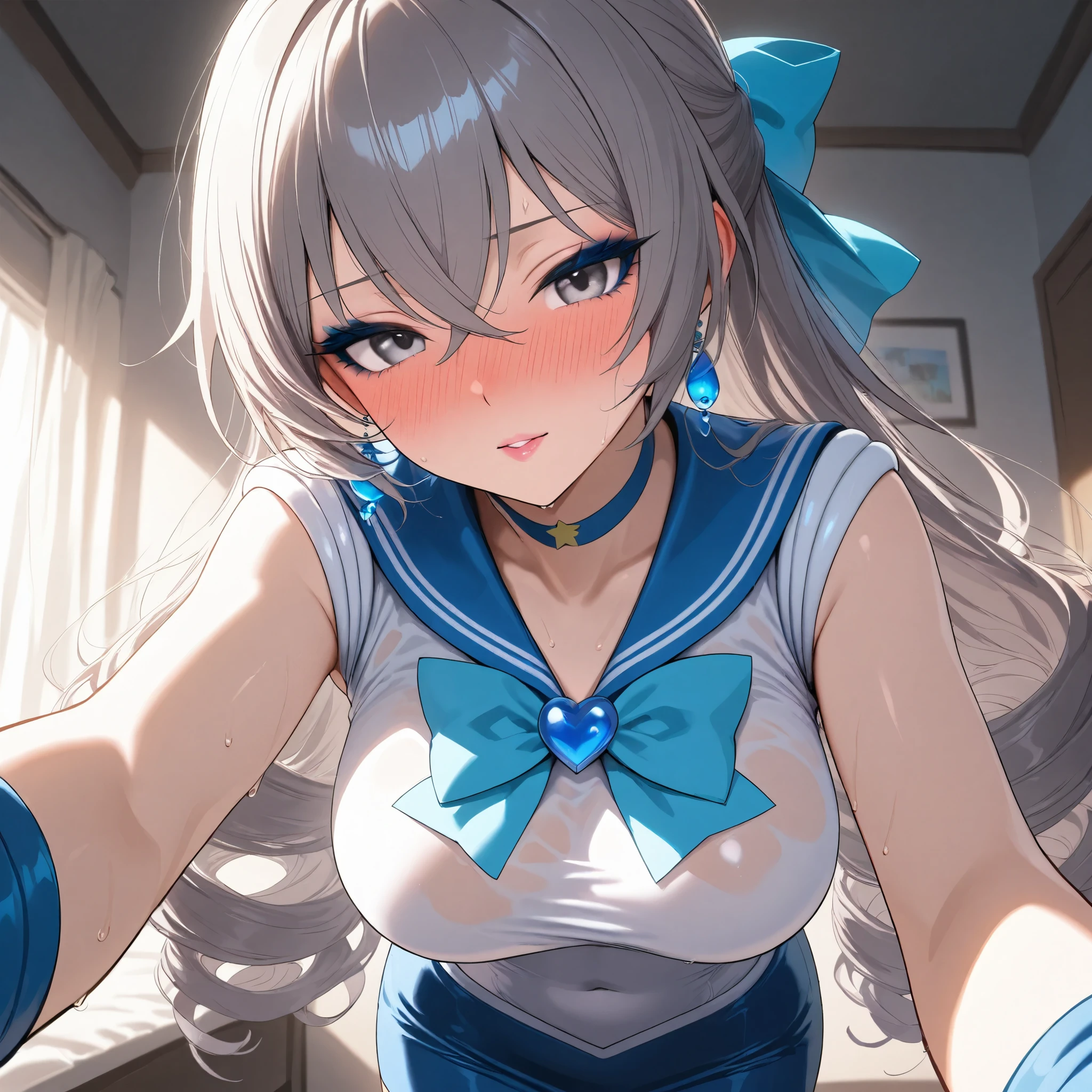 Score_9, Score_8_up, Score_7_up, Score_6_up, Score_5_up, Score_4_up, Source_anime, Tag1, Tag2, Best quality, High quality, (masterpiece, detailed:1.2), High resolution, 8k, Ultra high res, Soft saturation, Professional quality, Perfect contrast, Perfect litthing, Anatomically correct, Perfect face, Face perfect, Perfect hair, Perfect eyes, Perfect body, Perfect chest, Perfect arms, Flawless skin, Clear face, bronya, Sensual, toragao, full-face blush, makeup, blue eyelash, pink lips, bedroom eyes, aroused, sweat, wet BREAK wide-angle, head out of frame, standing, orgasm face, sailor mercury cosplay, blue pencil skirt,