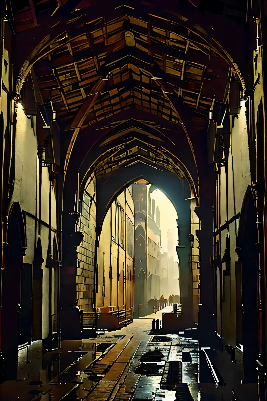 ((best quality)), ((masterpiece)), extremely detailed, delicate texture, aesthetic gothic collection, general term for (gothic architecture, art, fashion, literature, thought, style, and culture), cityscape, background heretical and mysterious light that illuminates the darkness, gothichorrorai, ((gothic architecture)), ((street level)), ((pedestrian perspective)), (a street level view of a dense slum like residential district of a gothic city), (the dark underbelly of the city), ((a mixture of rickety wood building structures and an older more permanent stone city foundation)), ((wooden walkways criss-cross above)), (the buildings rise up out of view), (the street before us is extemely narrow with a trickle of water and sewage runnoff flowing down the centre of the street)