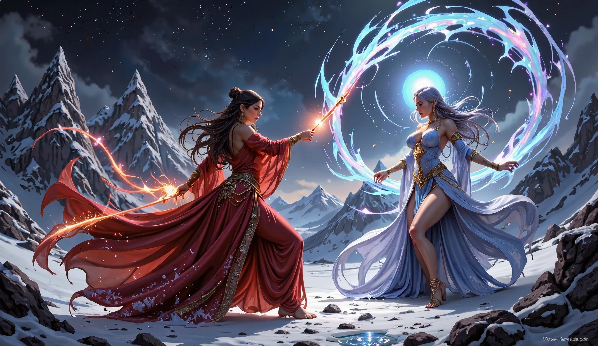 fantasy painting, an epic magical fight between two sexy lady mages, in a winter background, fire and snow