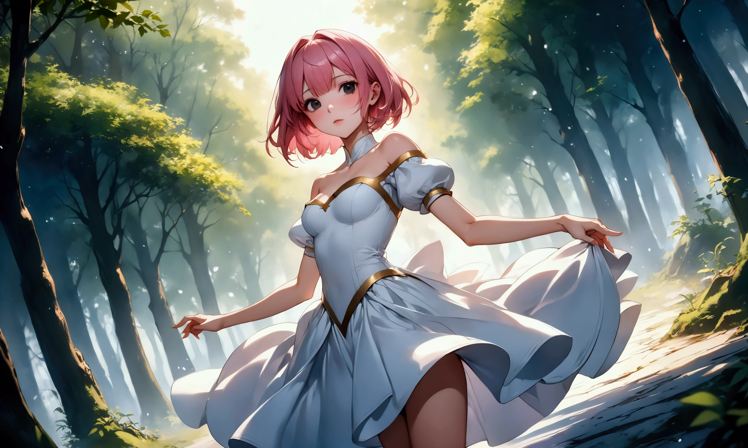 (masterpiece), BEST QUALITY, ((Picture book illustrations)), The story of the protagonist , The protagonist is on the edge of the screen, ((Snow White Costume)), (20 years old), 160cm tall, (((short hair), Straight Hair, (pink hair:1.5), bob cut, black eye)), medium firm swaying , (()), 2.5D, AI generated, ((Run away to the deep green forest )), ( The Queen is furious 、 she plotted to get rid of Snow White 。but、 that was Snow White's aim。 Snow White soon escaped the castle and established her position as 、 and escaped into the forest 。 Now she 「Tragic Princess 」 ), ((dutch angle)), (Dynamic Pose), (((random Pose))),