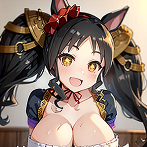 masterpiece、Highest quality、Detailed eyes、Large Breasts、Black Micro Bikini、smile、(Ruddy lips)、Sweat、indoor、Emphasize the chest、Touching the chest、Massage the breasts、Emphasize the chest、Protruding areola、Glowing Skin、Red cheeks、kiss待ち顔、kiss、Twin tails、horse ear、Sigh、Big eyes、Erect nipples、