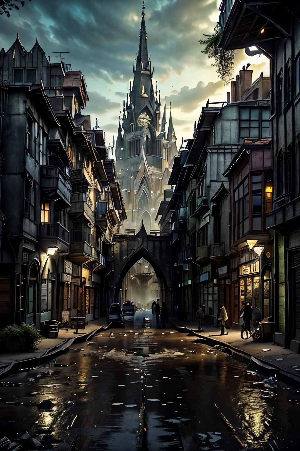 ((best quality)), ((masterpiece)), extremely detailed, delicate texture, aesthetic gothic collection, general term for (gothic architecture, art, fashion, literature, thought, style, and culture), cityscape, background heretical and mysterious light that illuminates the darkness, gothichorrorai, ((gothic architecture)), ((street level)), ((pedestrian perspective)), (a street level view of a dense slum like residential district of a gothic city), (the dark underbelly of the city), ((a mixture of rickety wood building structures and an older more permanent stone city foundation)), ((wooden walkways criss-cross above)), (the buildings rise up out of view), (the street before us is extemely narrow with a trickle of water and sewage runnoff flowing down the centre of the street)