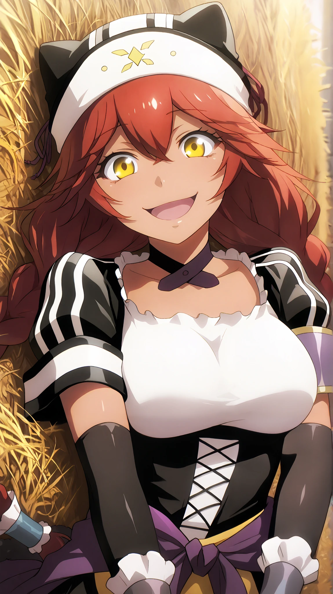 Lupusregina_Beta, overlord \(maruyama\)
High quality , best quality , masterpiece, High Resolution , detailed face( LoRA: Lupusregina),anatomically correct, detailed hair Style( LoRA: Lupusregina),anime Coloring
red hair, twin braids, long hair, hair tubes, yellow eyes, hair between eyes, dark skin, dark-skinned female
Black maid uniform, underbust, hair tubes, black animal hat, black choker, white shirt, taut shirt, black corset, puffy short sleeves, elbow gloves, black bridal gauntlets, wrist cuffs, clothes around waist, yellow apron, black skirt, fur trim skirt, long skirt , breast,
looking at viewer , close-up, upper body
rural , ,Stable,
open mouth, smile, afterglow, cheeky expression, playful expression
lying , on back , on side