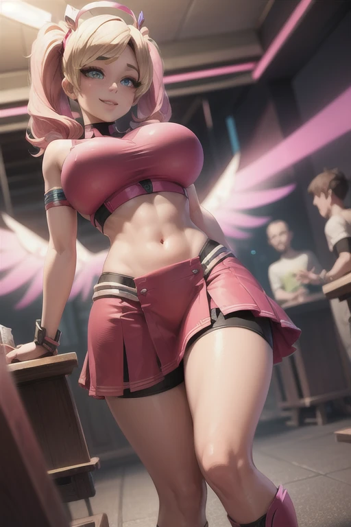 (((1 girl))) short hair, earings ,glossy lips ,team rocket uniform, red letter R, white skirt, white crop top, black thigh-high boots, black elbow gloves, evil smile, looking at viewer, cowboy shot, arms crossed, full body photo Mercedes von Martritz (Fire Emblem: Three Houses)