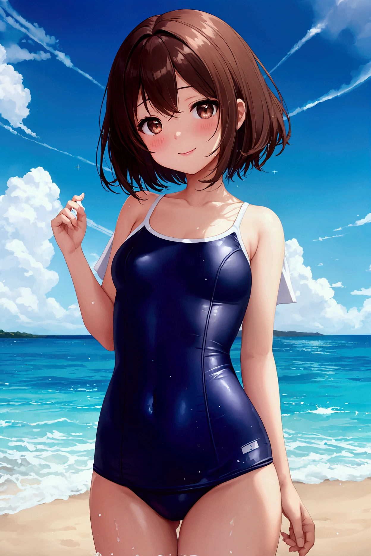 best quality,ultra-detailed,illustration,(school swimsuit:1.5), 1girl,(solo:1.5),catria,smile,looking at viewer, cute,Blue Hair,Short Hair,Bob,blue eyes,Thin Waist,Small,Toned,middle breasts,short stature,(beach:1.3),(eropose:1.5)