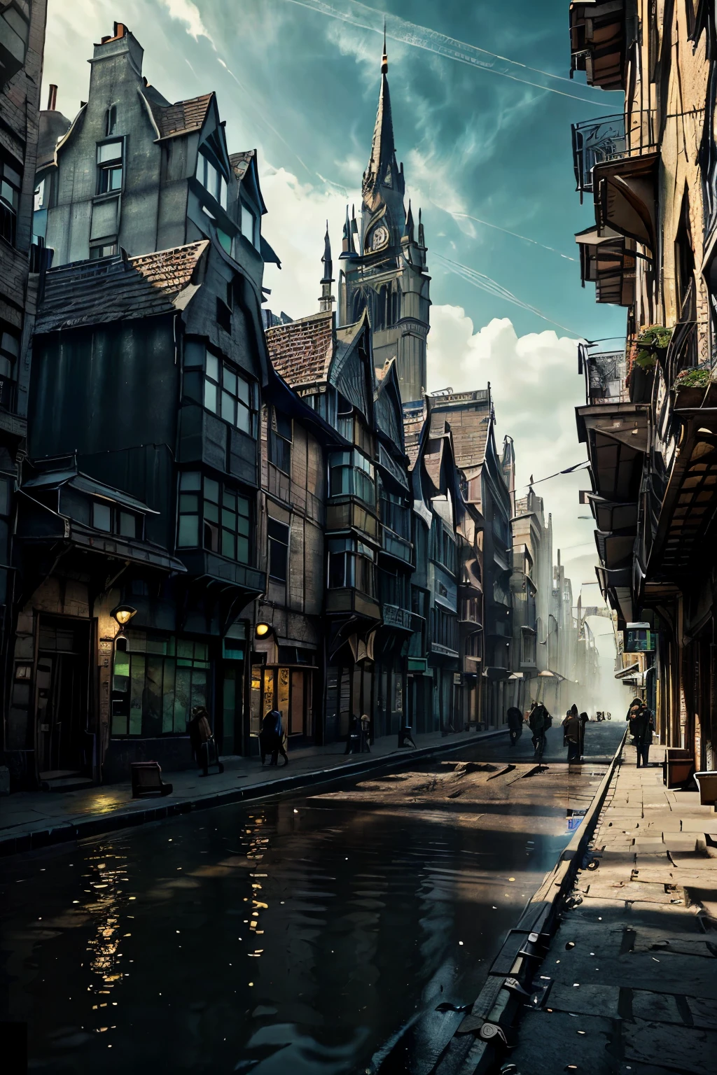 ((best quality)), ((masterpiece)), extremely detailed, delicate texture, aesthetic gothic collection, general term for (gothic architecture, art, fashion, literature, thought, style, and culture), cityscape, background heretical and mysterious light that illuminates the darkness, gothichorrorai, ((gothic architecture)), ((street level)), ((pedestrian perspective)), (a street level view of a dense slum like residential district of a gothic city), (the dark underbelly of the city), ((a mixture of rickety wood building structures and an older more permanent stone city foundation)), ((wooden walkways criss-cross above)), (the buildings rise up out of view), (the street before us is extemely narrow with a trickle of water and sewage runnoff flowing down the centre of the street)