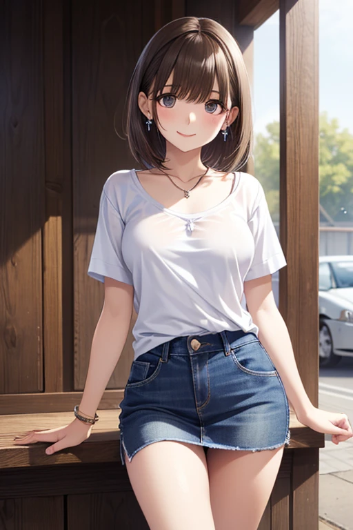((highest quality)), ((masterpiece)), (detailed), Perfect Face. Asian Girl. smile. glossy maroon short hair.Beautiful brown eyes、Sparkling eyes、超detailedな目、 Plain T-shirt.  Shorts, Medium breast.