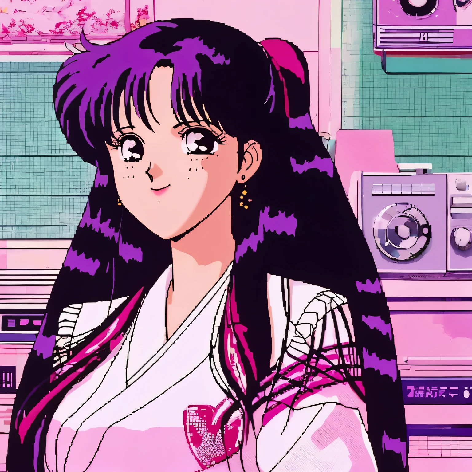  high quality，8k，More details，Jitter,  pixel art,  Japanese ，，romantic，First Love，Vaporwave,record cover，Showa idol ， pattern,  woman, Wavy hair, Smile, portrait