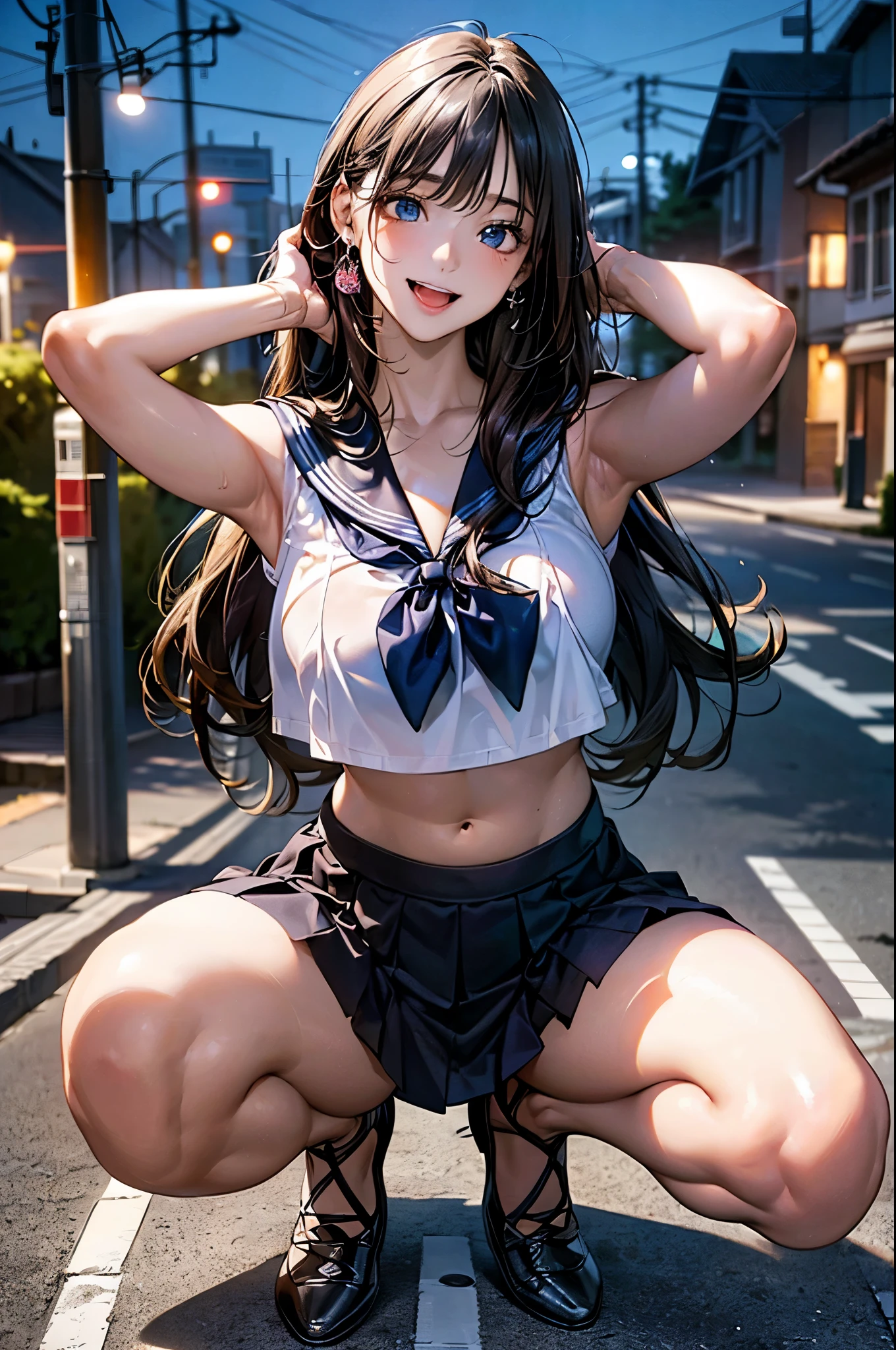 (Thynasha:1.2),dark blue hair,very long hair, purple eyes,(beautiful detailed eyes:1.0), extremely detailed face, perfect lighting, hair between eyes,bangs, (black beret, black jacket, open clothes, cleavage, midriff, black medium skirts,  black thighhighs, thigh strap, fingerless gloves, single glove:1.2), Photo,sharpness, F1.6 lens,hyper-realistic textures,spectacular light textures, Cinestil 800 Fashion Mechanics,(((Beautiful woman with left leg restrained by chains))),Appearance,Beautiful girl with accentuated slender abs: 1.1,six-pack abs: 1.1, Bust Botox,Standing on tiptoe, long legs,Long brown hair fluttering in the wind,Brown hair, Long hair, Female Warrior Costume,(No panties,No bra),(tacticul battle fashion,elbow and knee tacticul battle fashion, battle glove: 1.1),((cute batre costume)),The belly comes out and the navel is visible,Thin sheer costume, combat gloves,shredded costumes,cyber long combat boots with golden knee pads,Anatomical,(futuristic sci-fi battle fashion, new elbow and knee cyberpads, new cyberlong boots, new cybergloves: 1.1),(tied perfectly by iron chain:1.3), Restraint, Slave, collars, contempt, (Chained), 4 chains hung from heaven, Metallic shackles and fetters, wet crotch clearly visible,((Hands are restrained above the head)), the neck is chained,Chain from left knee to heaven,Chained by rusty iron chains,((the tip is protruding, areolas protruding,The shape of the pubic harearea is clearly visible:0.9)),Sweating,Wet,Wet crotch,Wet thighs,Junkyard, Realistic, (cute, perfect clothes, skimpy clothes, cute: 1.3) ,Vast miritary base in us,((wide mirtary hospital with summer sunlight)), peeling ceilings, Rebar between, Realistic material details, Extreme details, Ultra-realistic materials,narrow waist,(with sparkling eyes and a contagious smile:0.9),looking at viewer,
