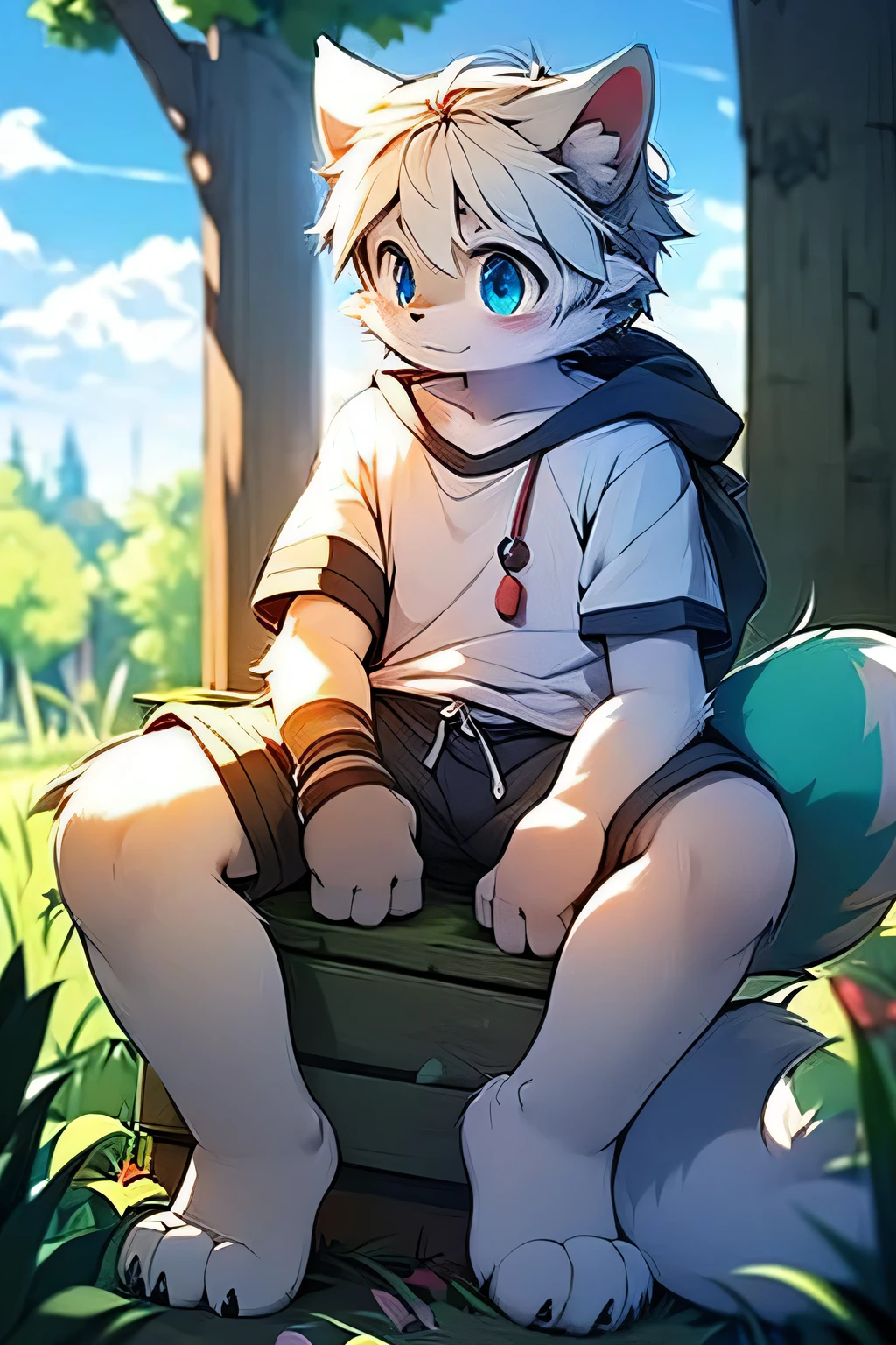 Sitting by the stream and playing in the water,Cute male wolf cub,boy,Pale gray fur,Blue fur,White hair,blue ears,Bright morning sunshine,Pure white T-shirt,Light blue long shorts,,Bright and intelligent eyes,White ear,hairy,Blue Eyes,Tail is too big,More fur on the body, Slightly thin,Wolf nose protrudes(masterpiece)(high quality)(Clear structure)(Clear lines)(Extremely detailed background)(extremely detailed character)
