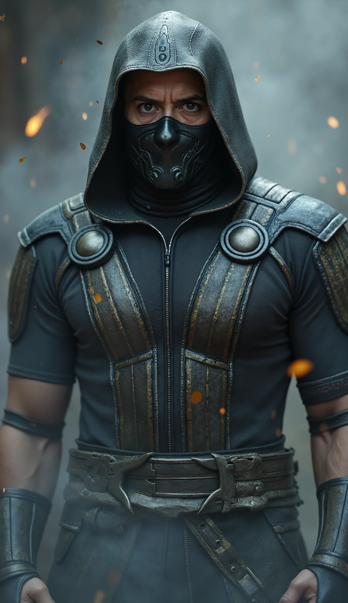 Robert Downey Jr. as Smoke brings a stylish and complex reinterpretation of the character of *Mortal Kombat*. Wearing a dark gray ninja outfit, almost metallic, he exudes a mysterious and unpredictable presence, with his smoke and shadow inspired look. Your mask, matching the ethereal tone of his skill, partially hiding his face, leaving only his piercing eyes showing, transmitting his cunning and intelligence.

A figura de Downey Jr. as Smoke is unique, bringing a lightness of movement and an unmistakable style. He is not only a master of shadows, but a calculating strategist who uses his smoke manipulation powers to disorient and deceive his opponents. Every movement seems to be made with calculated precision, where his ability to disappear and reappear is as agile as a dance, making him almost intangible on the battlefield.

With a shrewd expression and an uncomplicated posture, Robert Downey Jr. as Smoke brings a cynical charm to the character. His ability to hide in the shadows, surprising with quick attacks and disappearing like a mist makes his unmistakable presence, creating a mysterious and calculating warrior.