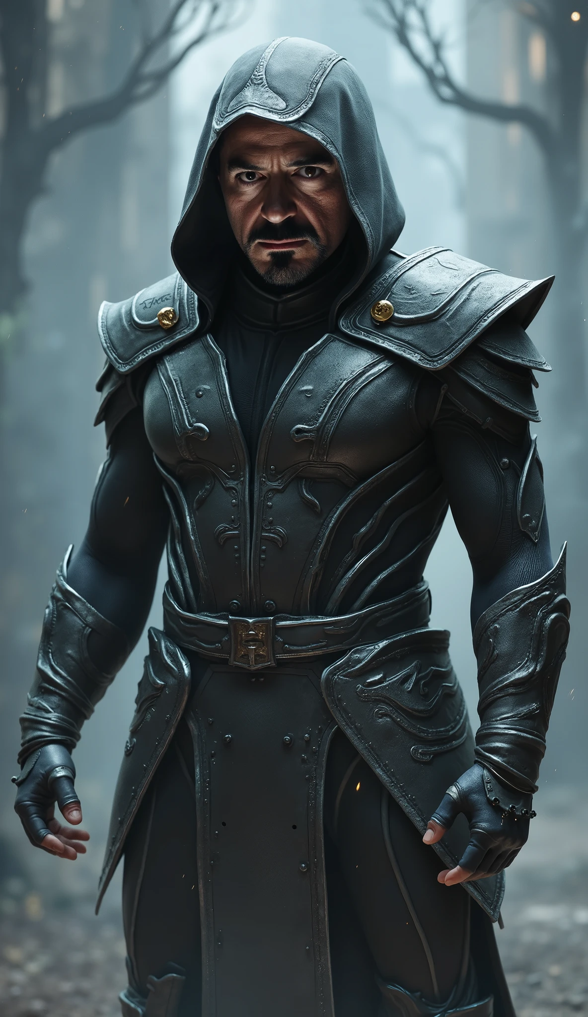 Robert Downey Jr. as Smoke brings a stylish and complex reinterpretation of the character of *Mortal Kombat*. Wearing a dark gray ninja outfit, almost metallic, he exudes a mysterious and unpredictable presence, with his smoke and shadow inspired look. Your mask, matching the ethereal tone of his skill, partially hiding his face, leaving only his piercing eyes showing, transmitting his cunning and intelligence.
A figura de Downey Jr. as Smoke is unique, bringing a lightness of movement and an unmistakable style. He is not only a master of shadows, but a calculating strategist who uses his smoke manipulation powers to disorient and deceive his opponents. Every movement seems to be made with calculated precision, where his ability to disappear and reappear is as agile as a dance, making him almost intangible on the battlefield.
With a shrewd expression and an uncomplicated posture, Robert Downey Jr. as Smoke brings a cynical charm to the character. His ability to hide in the shadows, surprising with quick attacks and disappearing like a mist makes his unmistakable presence, creating a mysterious and calculating warrior.