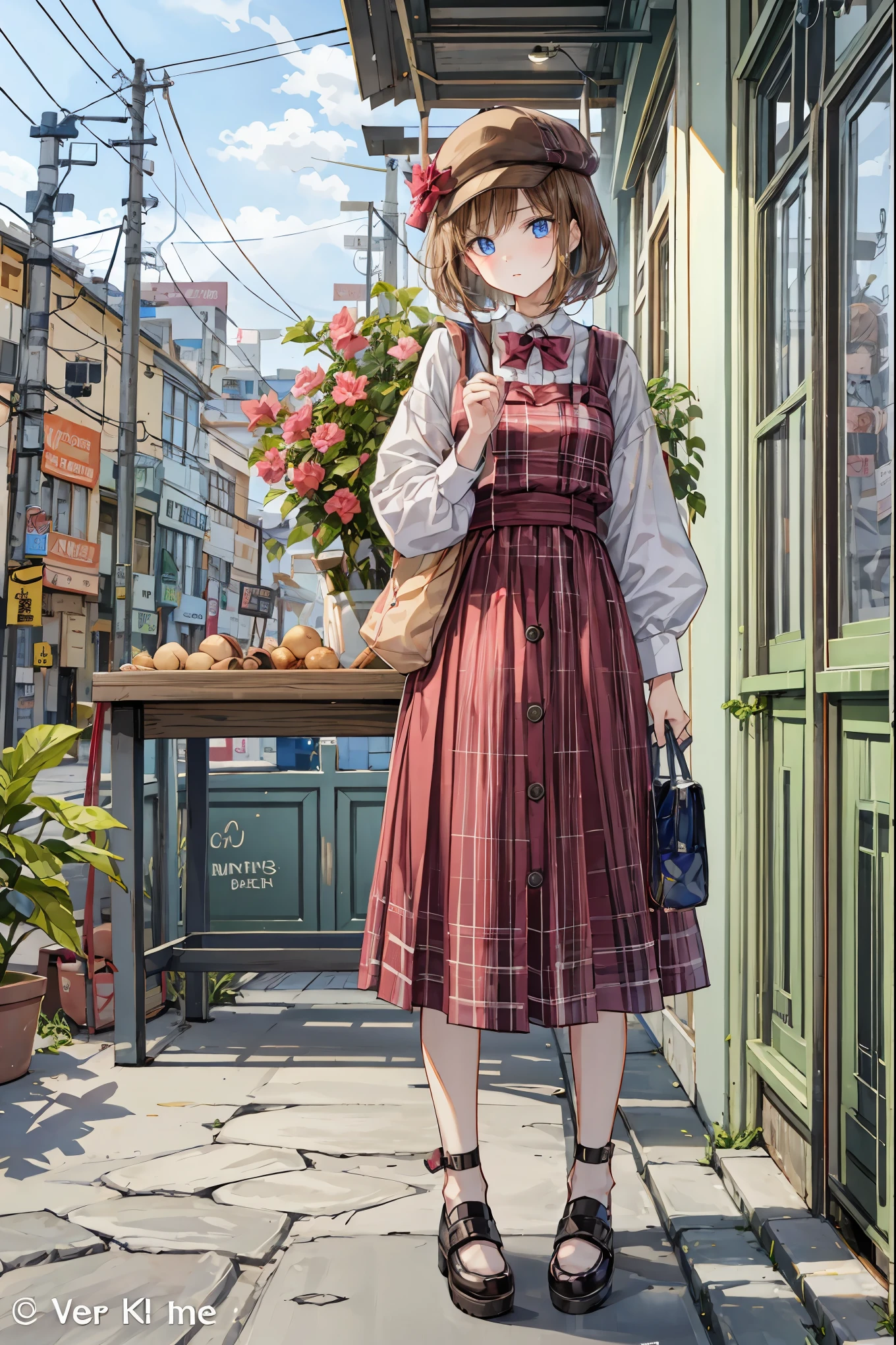 Anime girl in a dress and hat standing on a sidewalk - SeaArt AI