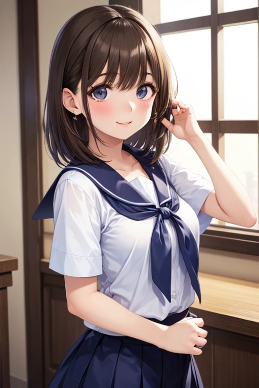 Ample breasts、Sitting on the school steps,(((A clean white sailor that clings to the chest:1.7))),(((A woman wearing a clean sailor suit:1.7 ))), Shiny light brown and orange striped short hair,Cute Smile,Perfect round face,A bright smile that makes everyone happy,Proper body balance,Tabletop,Ultra-high quality output images,High resolution,Intricate details,Very delicate and beautiful hair,Realistic photos,dream-like,Professional Lighting,Realistic Shadows,Focus Only,Beautiful Hands,Beautiful fingers,Detailed functions of the fingers,Detailed characteristics of the garment,Detailed characteristics of hair,Detailed facial features,(((Accentuate your breasts:1.3))),(Dynamic Angle),(Dynamic and sexy pose),Laughter、Cute round face,,(Tabletop,highest quality,Ultra-high resolution output image,) ,(8K quality,),(Sea Art 2.0 mode:1.3),(Picture Mode Ultra HD,)