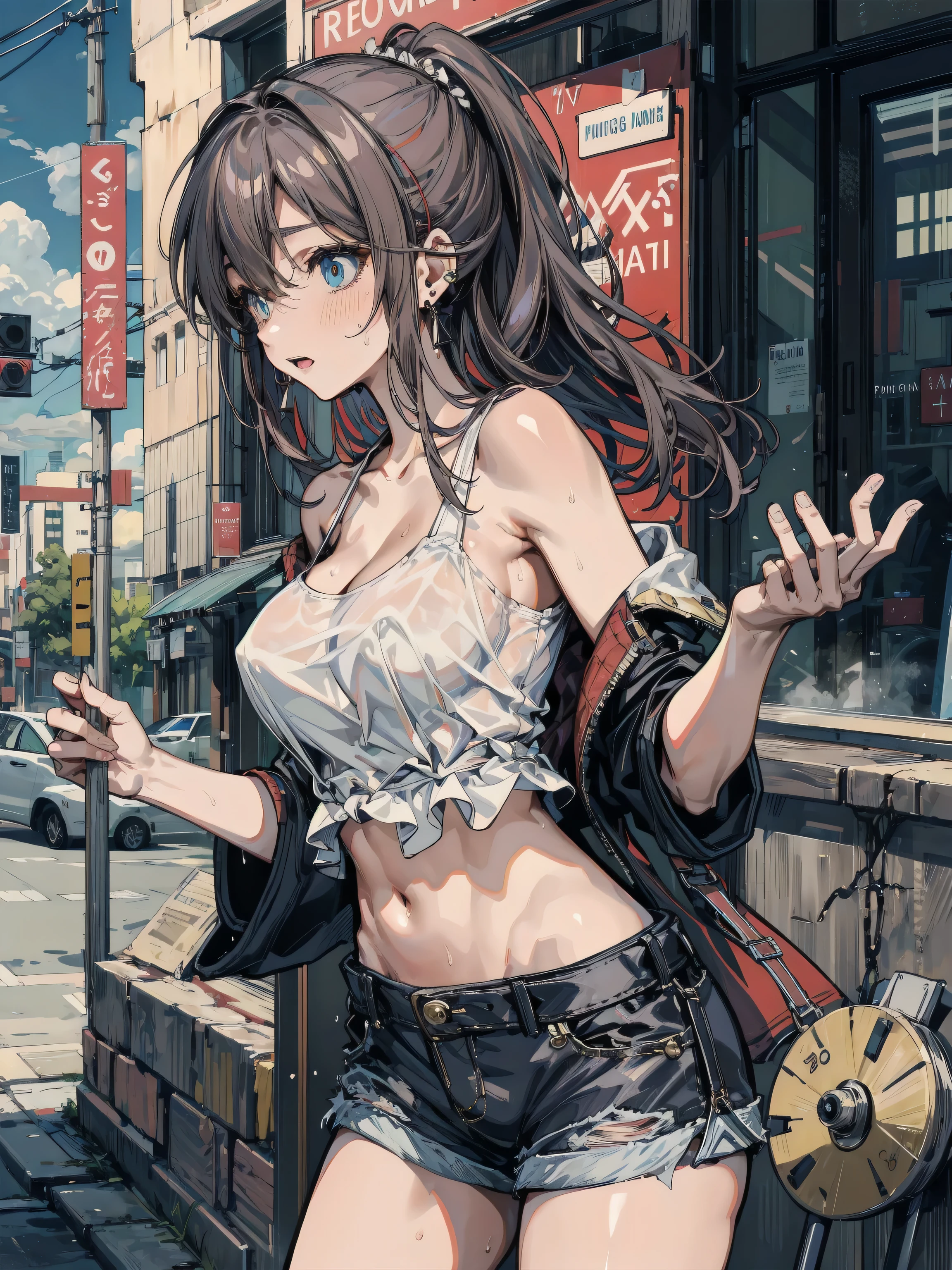 Anime Kawaii sexy Perfect Slim sensual body large breast and huge thighs, An intricate and highly detailed illustration of anime (Young girl)  (work of art, best qualityer, ultra detali, high resolution, 4K),(beautiful detailed eyes),(very highly detailed face),(1 girl),HDR,long hair, shorts, phone, eyes browns, chestnut hair, cellphone, bracelet, regatta, jewerly, to attend, lips, focus only, glaze, blurry background, ssmile, wristto attend, realisitic, blurry, gazing at viewer