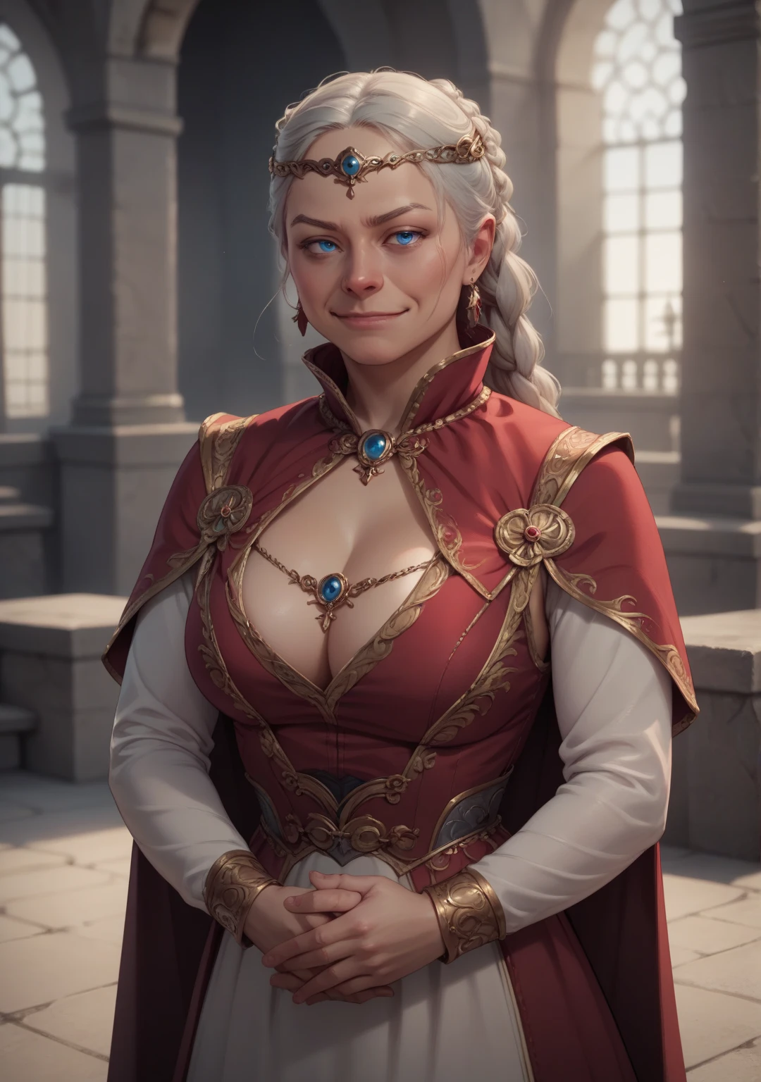 Rhaenyra, 1girl, solo, long hair, blue eyes, big breasts, platinum hair, jewelry, earrings,circlet, depth of field, realistic, front view, smug smirk,detailed crimson dress, long sleeves, cape, castle,looking at viewer,detailed dress,cleavage,single long braid,arms crossed