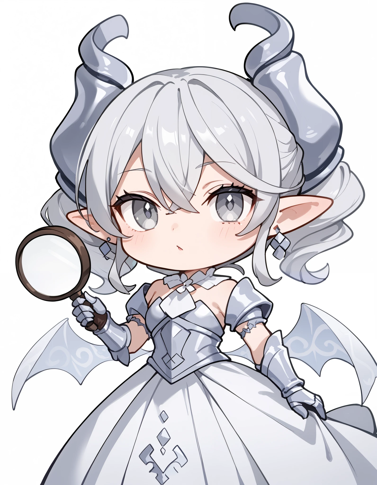 ( score_9:0.9), score_8_ up the side, score_7_ up the side,rating_safe,(zPDXL3),(zPDXL),
Masterpiece, complicated details,Anime,4K, top quality,Anime style, 1 girls with light makeup、
lovely labrynth of the silver castle, demon horns, drill hair, grey eyes, grey hair, hair between eyes, horns, medium hair, pointy ears,
armor, demon Wings, earrings, gauntlets, jewelry, low Wings, Wings, long skirt、
is staring at the viewer,( chibi:1.5),whole body、
(Holding a magnifying glass)、