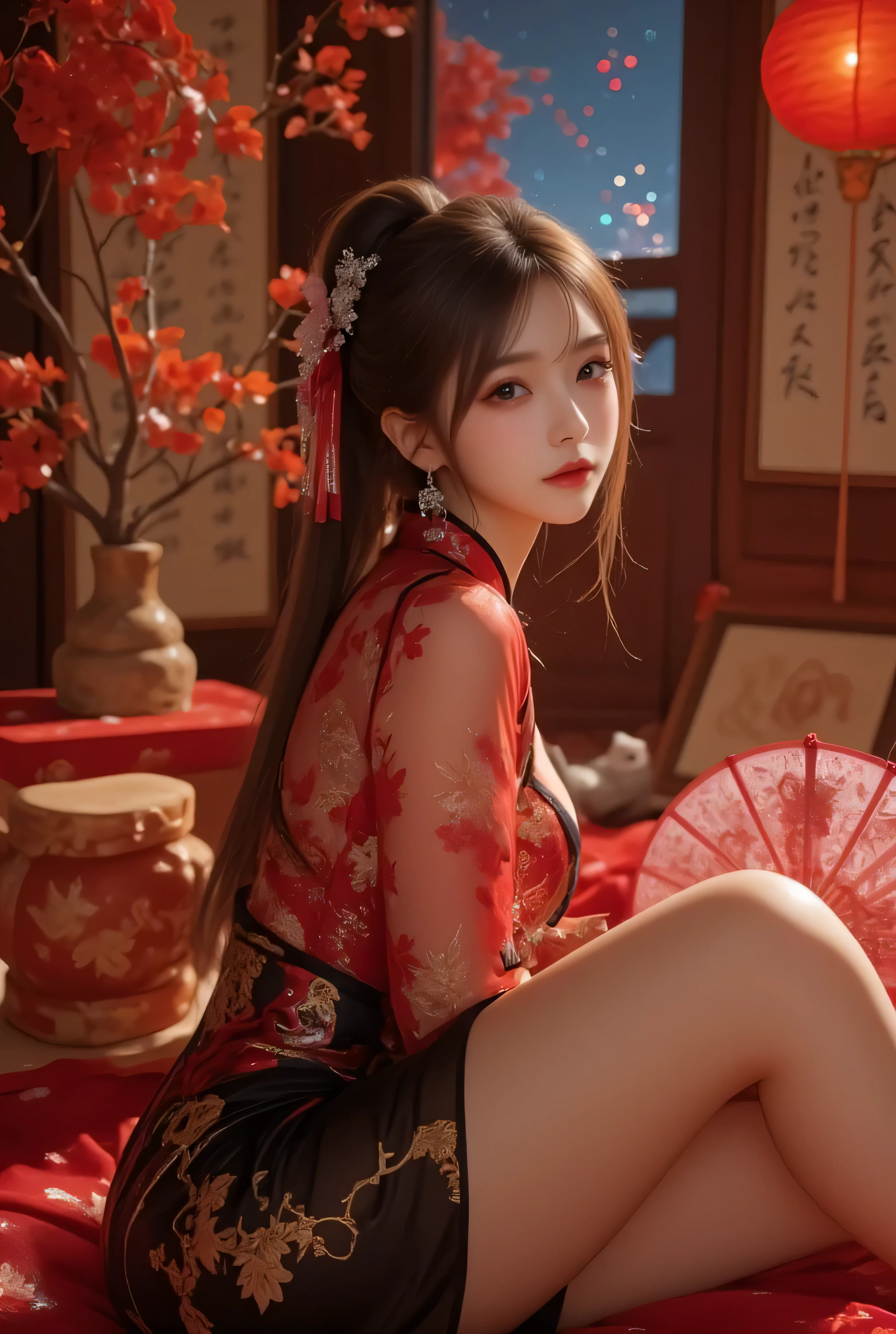 Cat ears、 face up, attractive, pretty girl, ponytail、 (( fine facial features , eroticism)), dramatic lighting , realistic , 8k, Dramatic Shadows , intricate and elaborate patterns , super detailed photo , chiaroscuro lighting , Pleasant colors , deep contrast , super real 、 pink lipstick、 warm room、Vintage Fireplace 、 cinematic composition、Close-up of face, pretty half part transparent open shoulder loose outfits dress, tang style, A beautiful Korean idol wearing a one piece red- black tightly cheongsam with phoenix and intricate floral golden embroidery, golden and silver outline on dress, hand hold pink feathers paper fan with golden ink drawing, rings, necklace, Chinese pretty silver gem hairpin, standing gracefully in a room filled with traditional Chinese New Year decorations. The room features vibrant red lanterns, decorative calligraphy scrolls, a small Chinese orange tree with golden ornaments, and several red envelopes scattered across the floor and hanging from the tree. Adorable, playful cats are part of the scene—some sitting near the tree, others curiously pawing at the red envelopes or lounging around. Through a window or an open door in the background, vibrant Chinese fireworks light up the night sky in an array of reds, golds, and blues, casting a magical glow into the room. The idol’s outfit is paired with subtle accessories like red hairpins or earrings, complementing the festive look. The atmosphere is warm and lively, filled with the joyful essence of the celebration, enhanced by the shimmering lights of the fireworks and the lively decor.