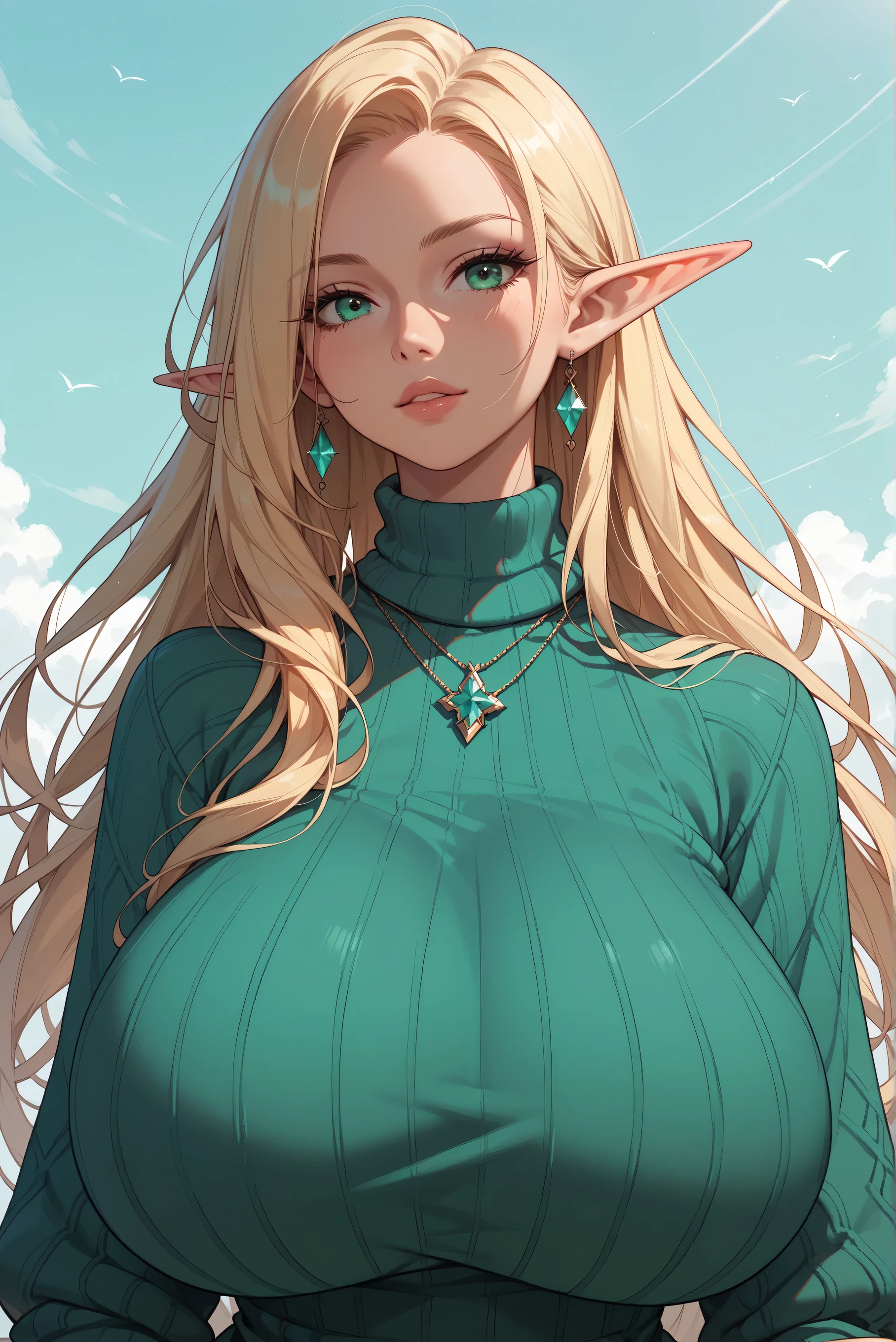 score_9, score_8_up, score_7_up, 1girl,solo, upper body,looking at viewer, white background, voluminous long blonde hair, elf, woman, gigantic breasts, sweater, mint green eyes, masterpiece, best quality, amazing quality, very aesthetic, high resolution, ultra-detailed, absurdres,