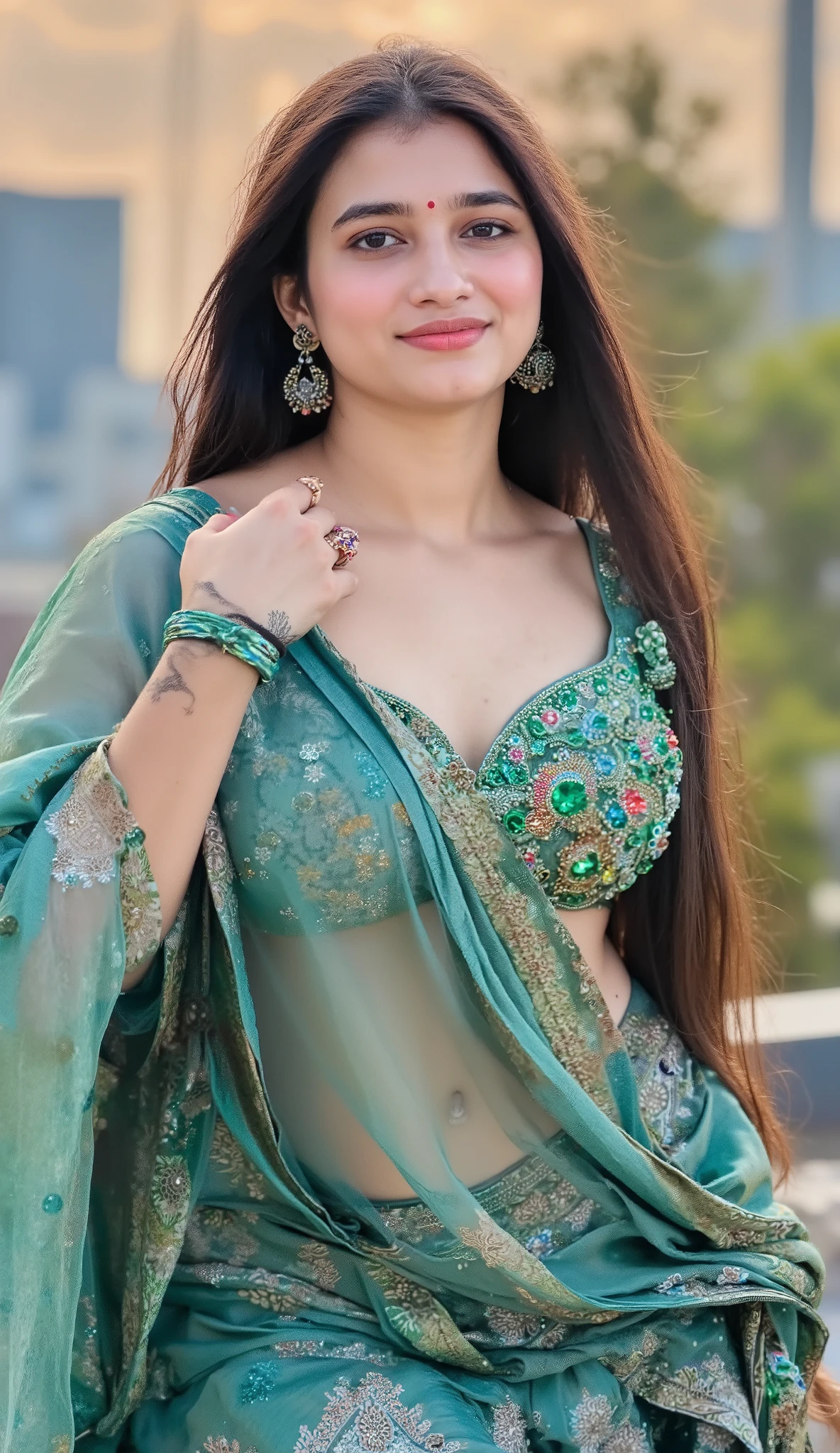 1 girl, strong girl, long hair styled in an elegant updo, looking at the viewer with a confident and radiant smile, wearing a red short-sleeve tie front traditional arabic sleeveless blouse, detailed embroidery on the sleeve edges, and a matching transparent netted blue draped bottom piece with an embellished waistband. Exposed midriff and visible navel, highlighting her toned waist and curvy figure. She wears traditional Indian jewelry, including gold dangling earrings and a set of colorful bangles. Detailed, smooth skin with a natural glow, expressive and perfectly shaped eyes, small bindi on her forehead, and in an outdoor, natural setting with soft lighting,full body shot, massive boobs, hourglass body, Big thighs, revealing thighs,sexy figure, deep cleavage