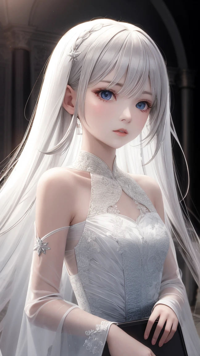 (a very delicate and beautiful）、femele、The human、（独奏）、skinny  body、The long-haired、White hair、de pele branca、Big golden eyes、White Prom Dresses、a smile、gentle、Front angle from chest up、Glitter background、angel image、（facing front、（Feels like a prank）、
