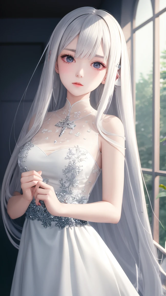 (masterpiece:1.3, best quality:1.3, ultra detailed:1.2, professional lighting:1.2, high resolution:1.2, sharp focus:1.2, 8k wallpaper:1.1)
(beautiful girl:1.3, young female:1.2, slim build:1.2, ethereal appearance:1.2)
BREAK (pale white skin:1.2, translucent skin texture:1.2, porcelain texture:1.1)
(empty eyes:1.3, hollow gaze:1.2, lifeless expression:1.2, slight parted lips:1.1)
BREAK (long straight hair:1.2, silver white hair:1.2, flowing hair:1.1)
(delicate features:1.2, doll-like appearance:1.2, fragile beauty:1.1)
(white dress:1.2, flowing fabric:1.1, ethereal clothes:1.1)
(soft lighting:1.2, gentle rim light:1.1, ethereal atmosphere:1.2)
(depth of field:1.1, dreamy blur:1.1, particles:1.1)