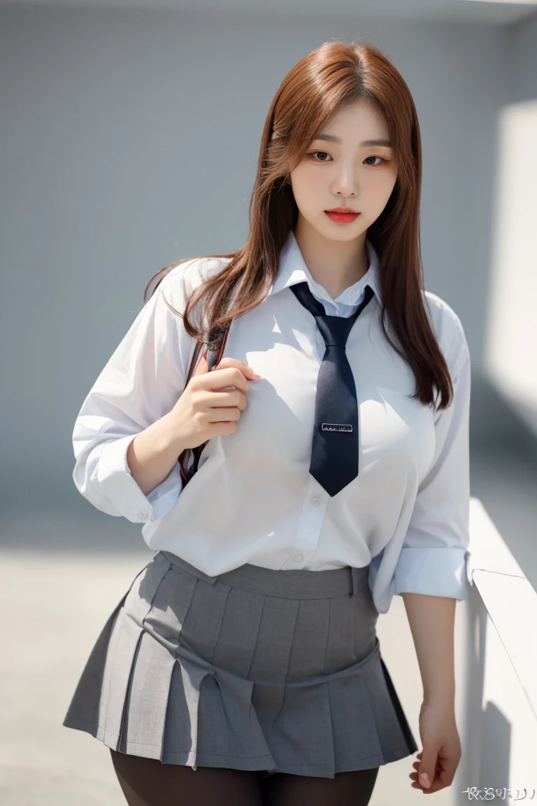 mix4, (16 K, Raw photography, Top image quality, masterpiece: 1.45), (realisitic, Photorealsitic: 1.37), one girls, cute little, A city scape,, profetional lighting, photon maping, School Grounds, physically-based renderingt, dark brown hair,pony tail hairstyle, a handsome, Well-groomed and beautiful eyes、二重まぶた、girl with, (((School Uniform Blazer、Long sleeve shirt worn by Japan high school girl、Cardigan、neck tie、Dark blue mini skirt,、Dark blue socks、Black loafers))), Top Quality Photos, hight resolution, 1080p, (clearface), (Detailed face description), (Detailed hand description), (masterpiece), (Exquisite CG)、extreme light and shadows、dishevled hair、master work、abundant detail、(Fine facial features)、(top quality photo)、(masuter piece)、(A detailed eye)、Look in front of you、Fine clavicle、((Slender big))、(((Japan schoolgirl wears a long-sleeved shirt)))、((Neat and clean idol))、((school ground、Entrance to the school building、In front of the school gate))、(Shooting from random perspectives)、(((Anyway cute)))、耳Nipple Ring、A big smile、Drawing the whole body from the knees、Do not draw nasolabial folds、(((Sports bags used by Japan schoolgirls)))、(Big breasts that hang down big:1.2)、Big buttocks with tension、Two arms and two legs、(((from the front side:0.4)))、bare hand、Left and right symmetrical eyes、