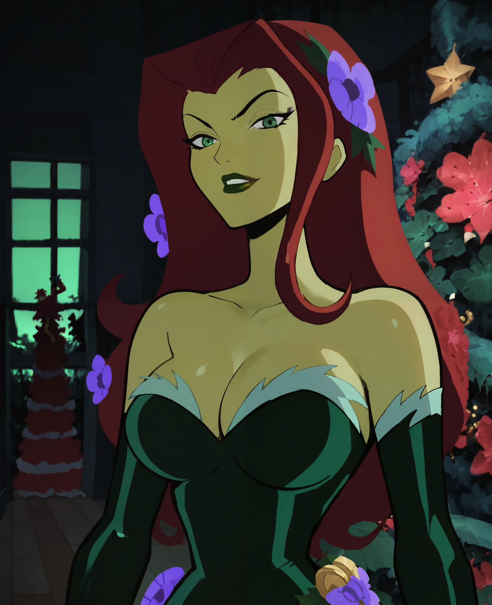 (((Poison Ivy))), (((Superman))), High quality, best quality, masterpiece, (1boy1 1girl), (hetero:1.5), mature woman, curves, long wavy redhead hair, green eyes. screaming orgasm. cleavage. (((woman wearing black leotard)))