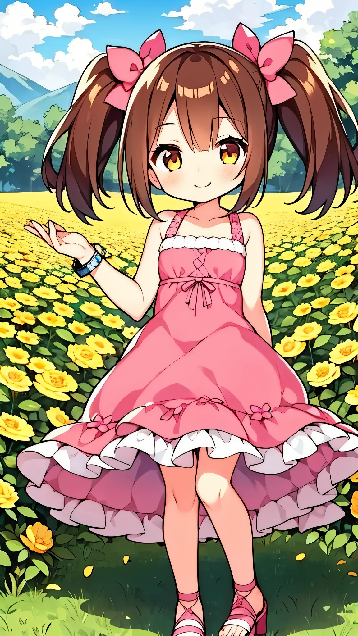 1 girl, brown hair, brown eyes, , s, frilled dress, frills, pink dress, sleeveless, sleeveless dress, shoulder out, , dress, print dress, Floral, hair bow, pink ribbon, twin tails, Sandals, pink footwear, mouth, smile, Alone, watches viewers, standing, day, Field, flower, flower Field, Outdoors