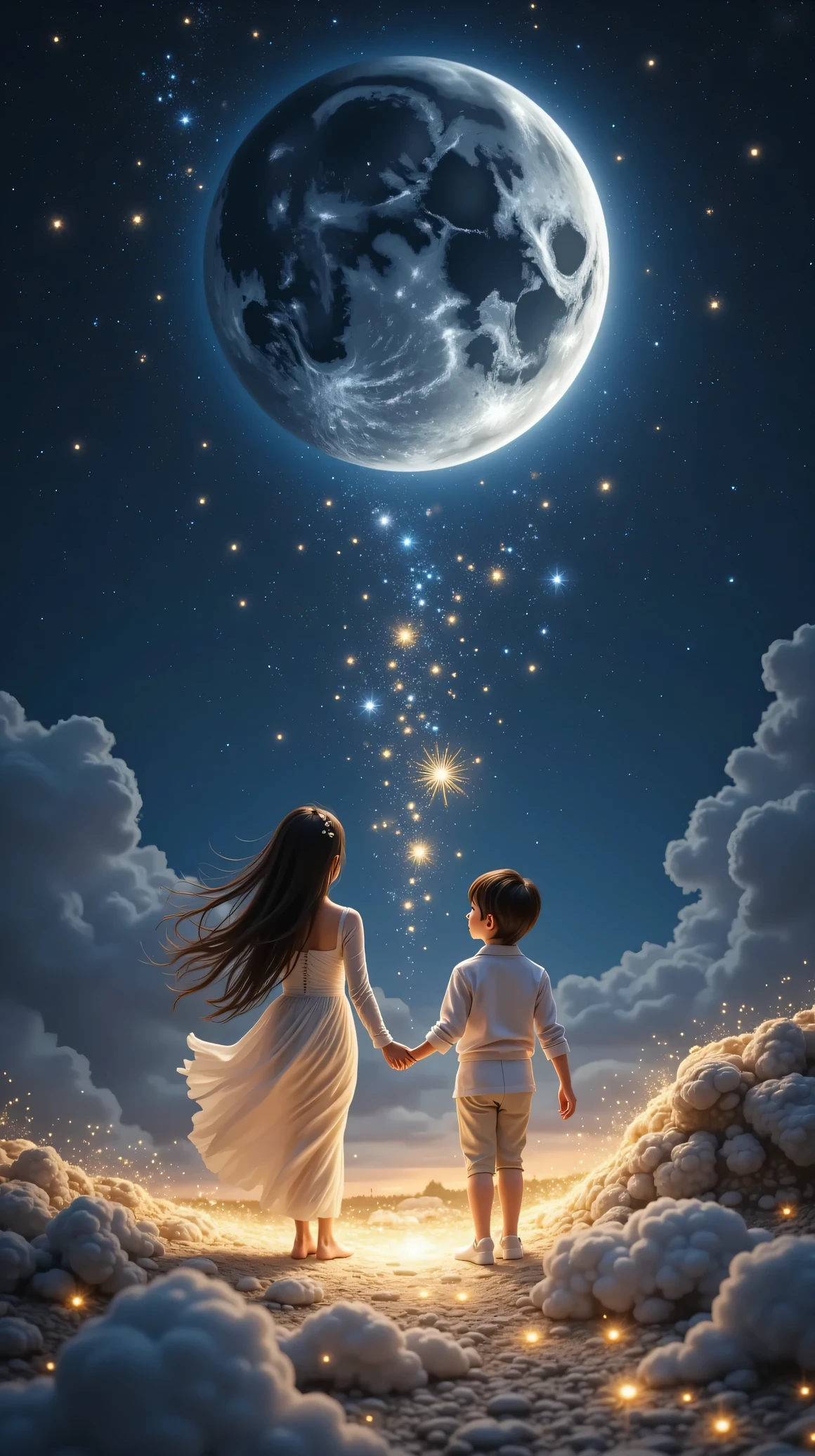 prompt: |
Under the endless night sky, where time flows like liquid silver, a young girl and a small stand upon a bridge of moonlight suspended in the heavens. Around them, the cosmic void hums softly, filled with the shimmer of drifting stardust.
**The girl, a celestial artist, moves gracefully, her long black hair trailing like a river of midnight silk.** She wears a flowing gown woven from the twilight itself, glowing faintly with the whispers of ancient constellations. In her delicate hands, she holds a **Lunar Brush**—a quill made of pure moonlight, its bristles shimmering like frozen silver. With a gentle flick of her wrist, she paints in the empty air, and glowing **ribbons of celestial light** unfurl like ink, forming delicate patterns of stars, animals, and entire galaxies.
Beside her, the **small laughs with wonder**, their tiny fingers reaching into the glowing air, where **each touch gives birth to a new constellation**—a soaring phoenix, a school of cosmic fish, a crescent-winged dragon. The twirls, and from their fingertips, radiant wisps of light spiral into the sky, leaving behind a trail of shooting stars.
The **Moon itself watches silently**, its glow illuminating the celestial canvas. The paintings linger for a moment, shimmering like golden fireflies, before gently dissolving into the sky, becoming one with the cosmos.
Around them, the **Celestial Canopy** extends endlessly—a vast ocean of constellations that ripple like ink on an invisible canvas. The gentle hum of the universe resounds in the distance, as if singing back the stories they have just created.
Tonight, **a new legend is born, painted in the light of the moon, and gifted to the stars.**
negative_prompt: |
Weak composition, lack of magical atmosphere, low-quality details, static lighting, lifeless poses, dull colors.
parameters:
- aspect_ratio: 1:1
- style: cinematic, ethereal fantasy, hyper-detailed
- lighting: soft lunar glow with deep t
