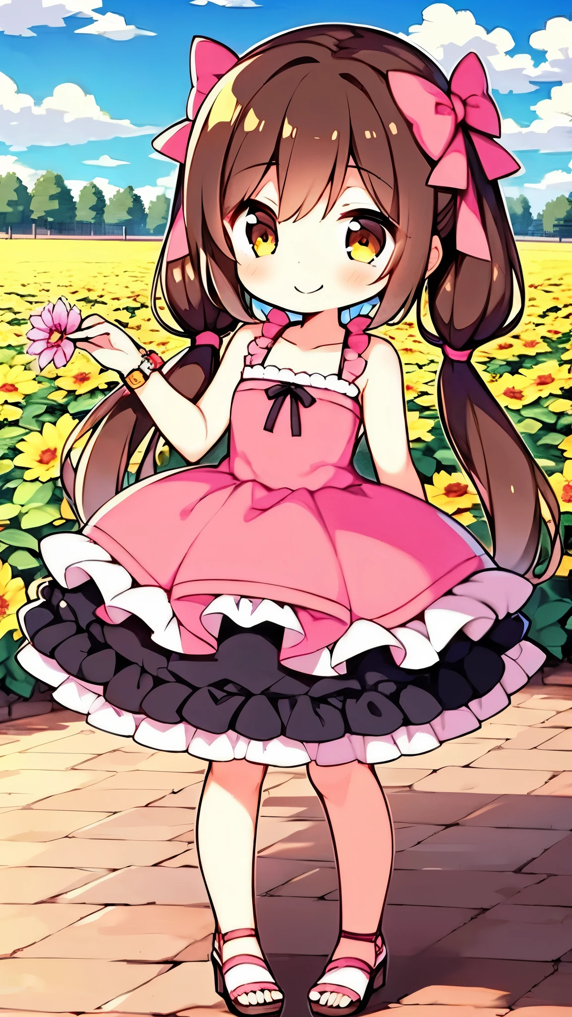  1 girl,  brown hair,  brown eyes, ,  s, frilled  dress, frills, pink  dress,  sleeveless,  sleeveless  dress,  shoulder out, ,  dress, print  dress, Floral,  hair bow,  pink ribbon,  twin tails, Sandals,  pink footwear,  mouth, smile, Alone,  watches viewers,  standing, day, Field, flower, flower Field, Outdoors