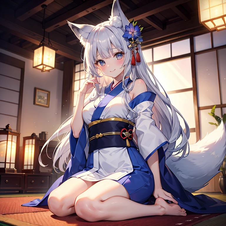 masterpiece,Top image quality,hight resolution,imagem 4k,Raw photo,Photorealsitic,{Solo},teens girl,silber hair,Wolfcut,stare at each other,Blue eyes,小柄,Silver fox ears,Fox tail,on the beds,shrine maiden,,boyish,,Wet、small tits,
