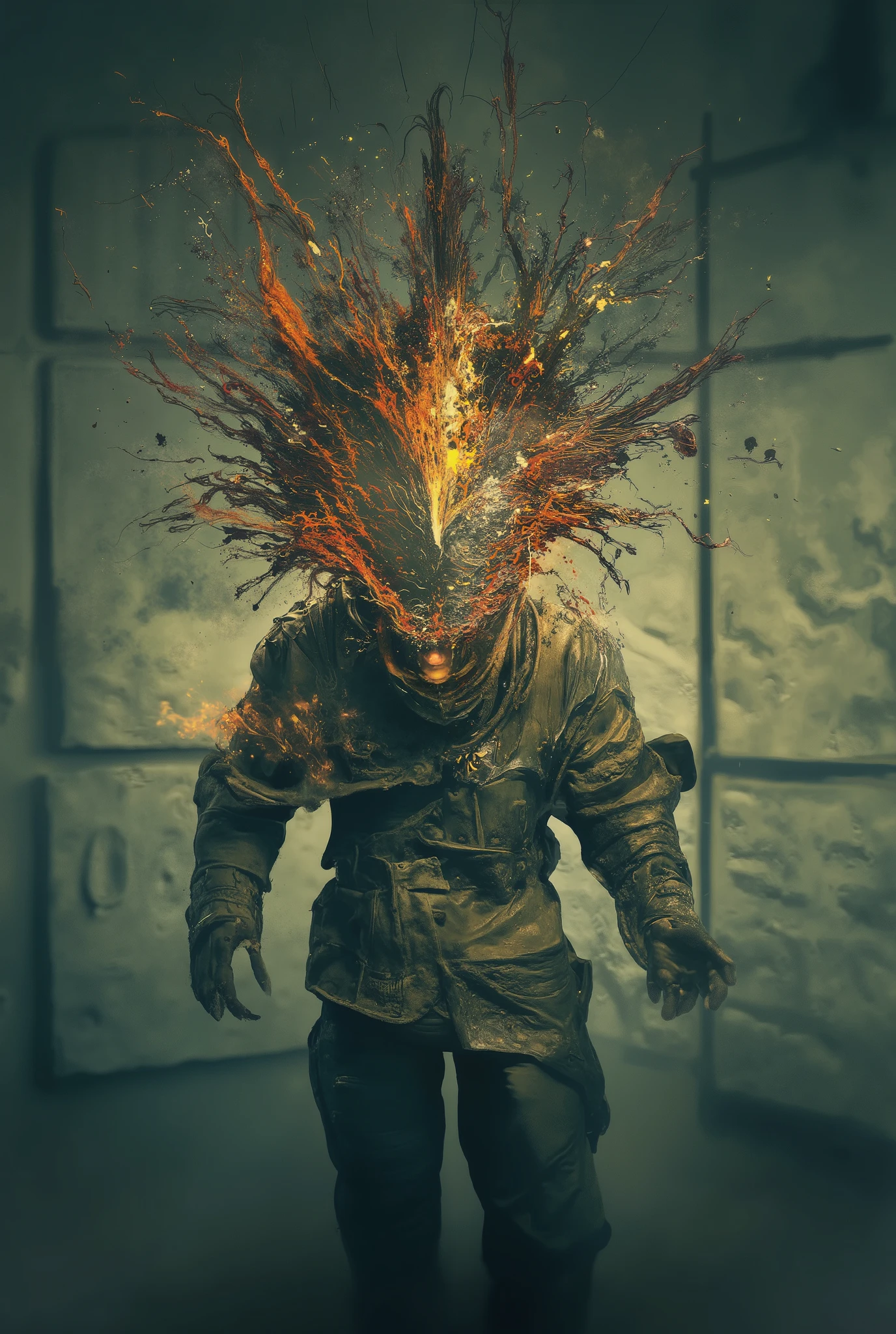 A confused human figure is in a straight jacket in a room with white pads on the walls. His head is split open with an explosion of delusional and confusing thoughts flying out. The mind's exploding thoughts symbolizes his inner demons. His body is fighting against the confines of the straitjacket as he tries to rip it apart the seams by tightening his body muscles creating lots of muscle tension. Hendry's image represents the emotional turmoil he is going through done in the style of Flo 'n Images.
concept art high definition dramatic ominous visionary art 3D Hendry