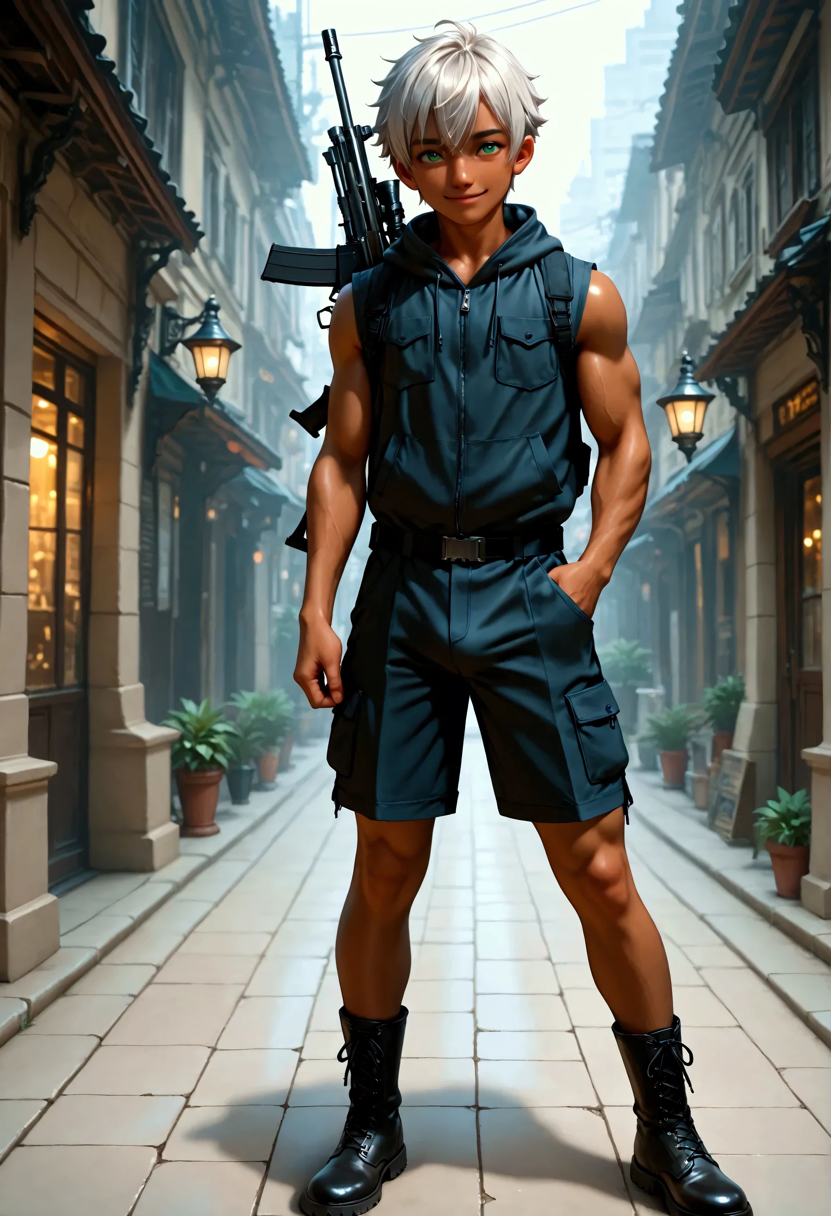 1boy, shota, muscular, dark copper tan skin, solo, silver hair, short hair, short white sleeveless jacket with pocket, black tight underwear, body belt, short pants, green eyes, cyberpunked rifle on back, city street, lower buildings, standing on the street, smile, masterpiece, best quality, cinematic lighting, black lace up boots, focus on body