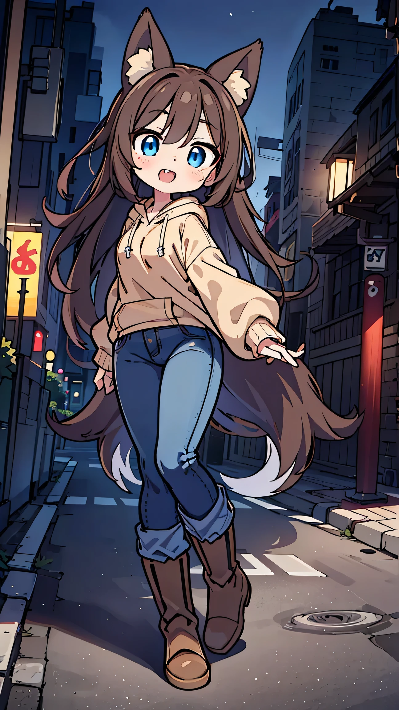 anime style、 fox ears、 brown hair、 woman、 blue eyes 、 double teeth、 beige hoodie、 jeans、 boots、
