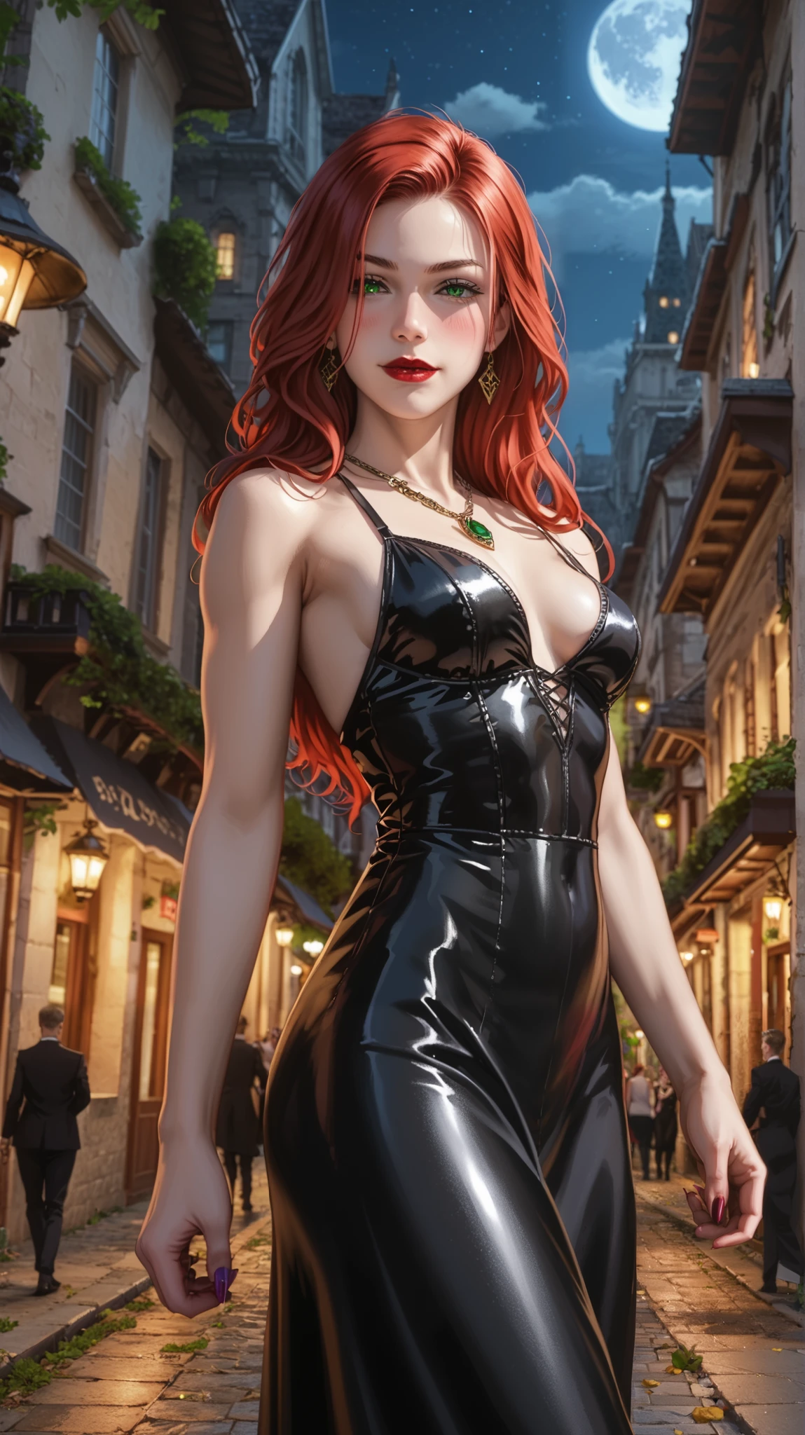 a female vampire dances in the rain during lightning storm, goth art, dark fantasy art, glamours (vampire: 1.5) model shot, RAW, award winning picture of a female vampire, dynamic hair color, dynamic hair style, pale skin, full body, busty woman, most beautiful face ultra detailed face, long hair, wavy hair, pale skin, wearing (blue: 1.5) lace dress, wet dress, (intense detailed dress: 1.3), wearing intricate high heels, light make up, modern day high society street in a (lightning: 1.3) storm heavy rain, (anatomically correct: 1.4),  picture taken from dynamic range, vibrant, Ultra-high resolution, High Contrast, (masterpiece:1.5), highest quality, Best aesthetics), best details, best quality, highres, ultra wide angle, 16k, [ultra detailed], masterpiece, best quality, (extremely detailed), Intense Gaze, RedGlitter,  Blood_Covered, Flower