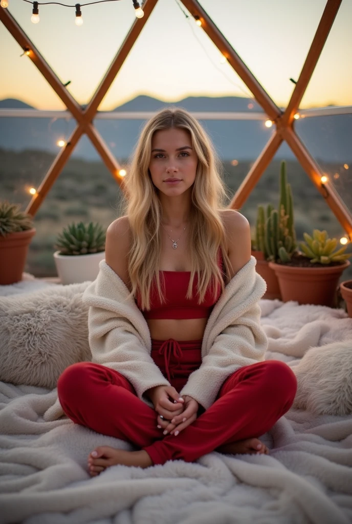 (photorealism:1.2), beautiful woman, sitting on a bench at a viewpint, wearing loose off-shoulder top, a red blanket, pajama pants, long curly hair, outdoor, soft evening lighting, mountains with fog in background, relaxed pose, some grey hairs, realistic, intricate details, warm colors.