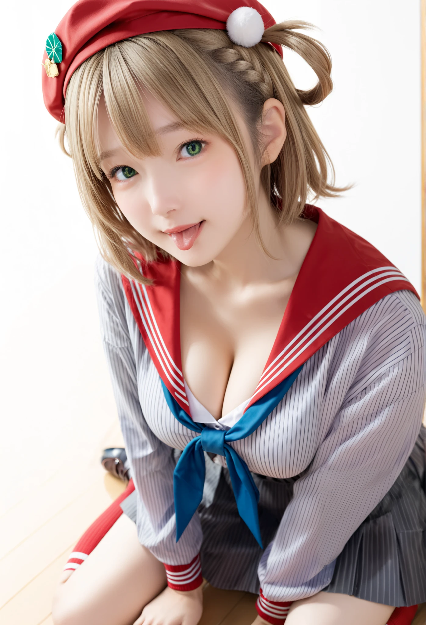 shigure ui \(vtuber\), 1girl , virtual youtuber, light brown hair, short hair, french braid, hair rings, green eyes,
pom pom hair ornament, Red Beret , red sailor collar, pom pom \(clothes\), blue ribbon, white shirt, striped jacket, grey jacket, long sleeves, vertical-striped skirt, grey skirt, red socks, loafers,
breasts,long hair,alone,close-up,large breasts, cleavage,collarbone,blush,looking at viewer
現実的, photo realistic, Masterpiece, top quality, complicated details,
School, sit on the floor, above, stick out your tongue,